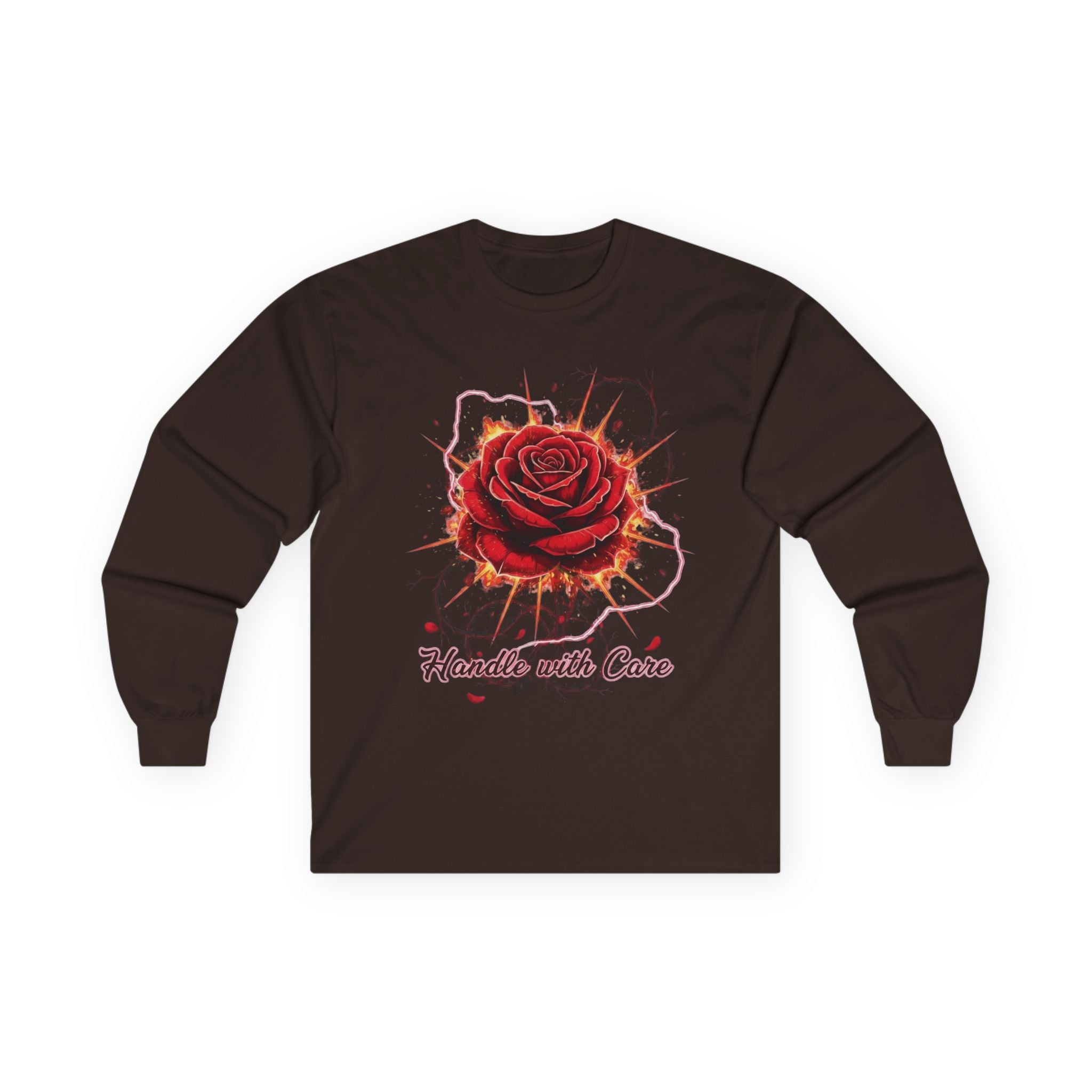 Long Sleeve Tee — Red Rose "Handle With Care" Graphic