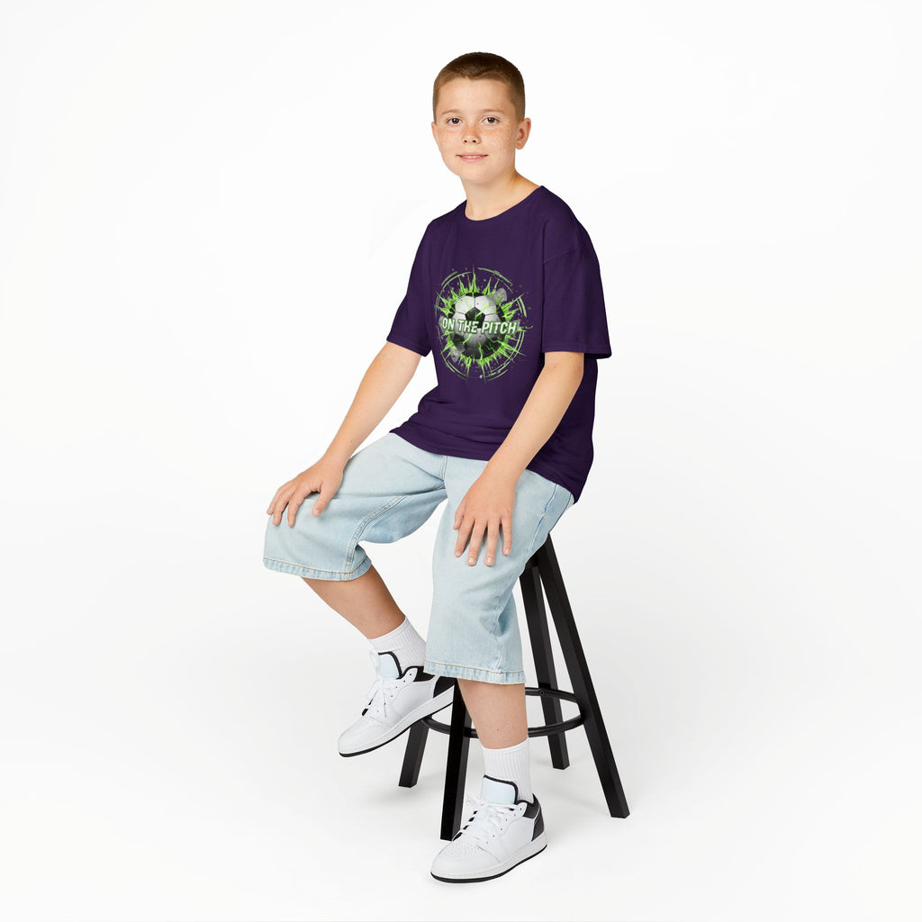 Kids Soccer T‑Shirt — 'On The Pitch' Green Splatter Design