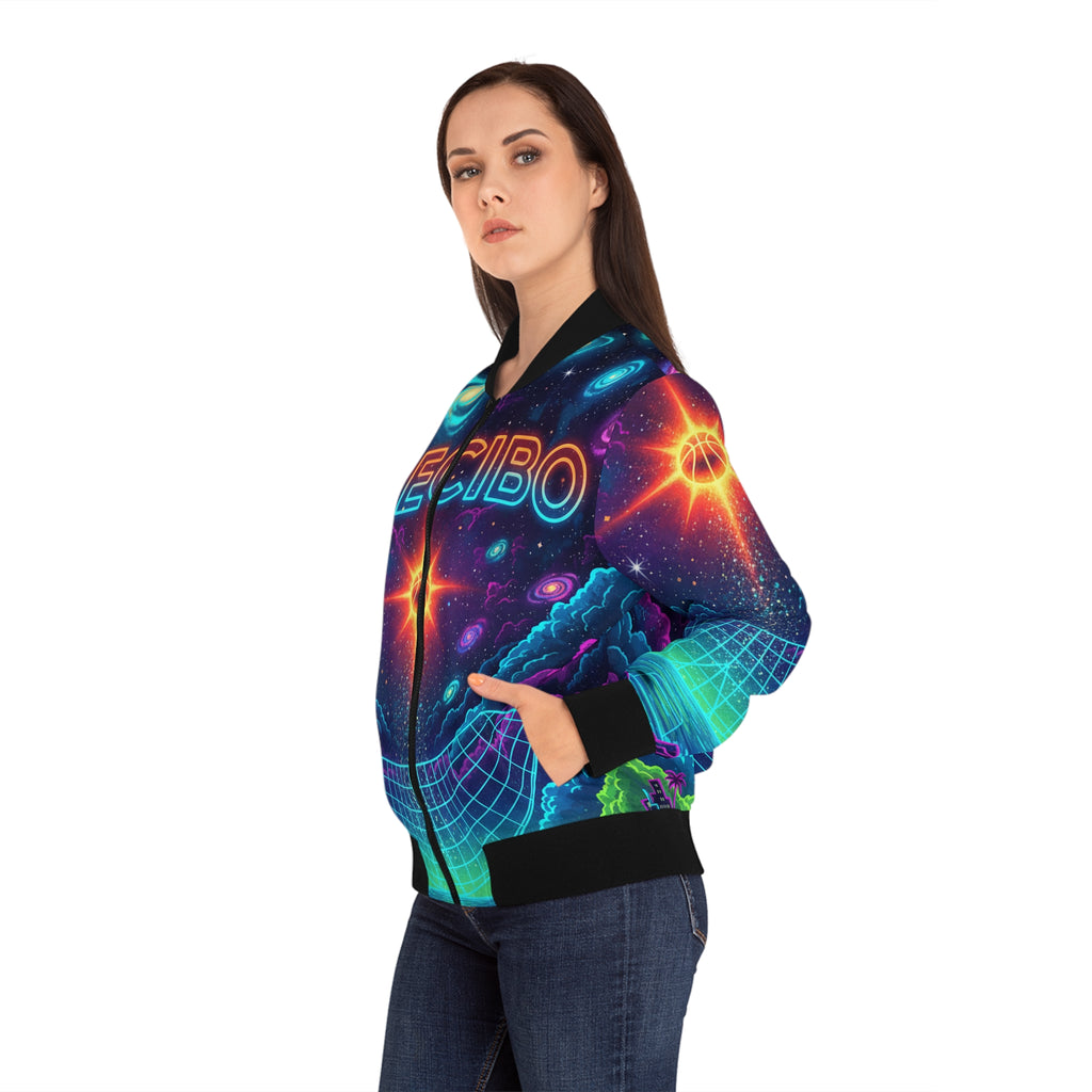 Arecibo: La Cancha y el Cosmos Bomber Jacket — Neon Retro Galaxy Print