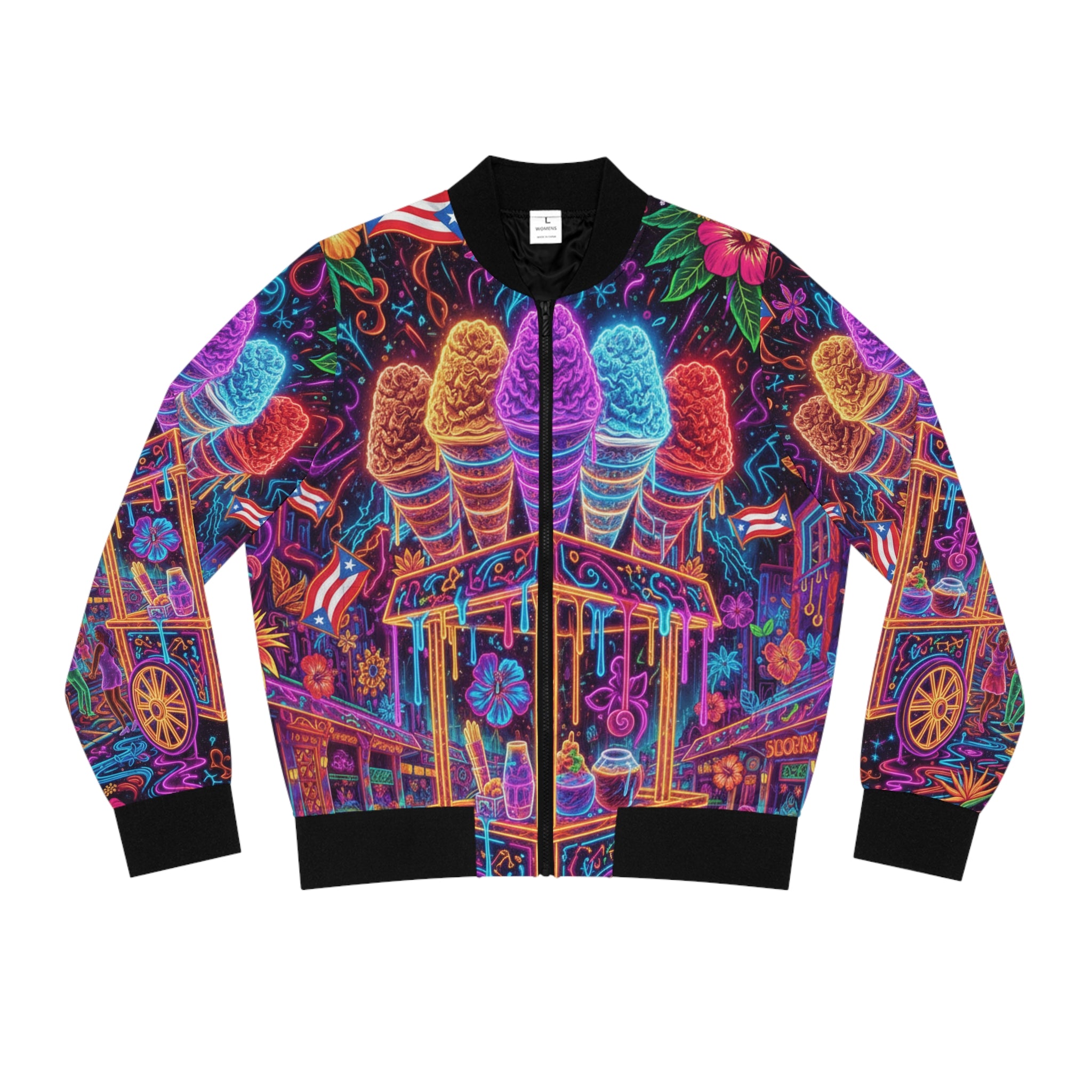 La Piragua Cósmica Bomber Jacket — Neon Carnival Women's Bomber