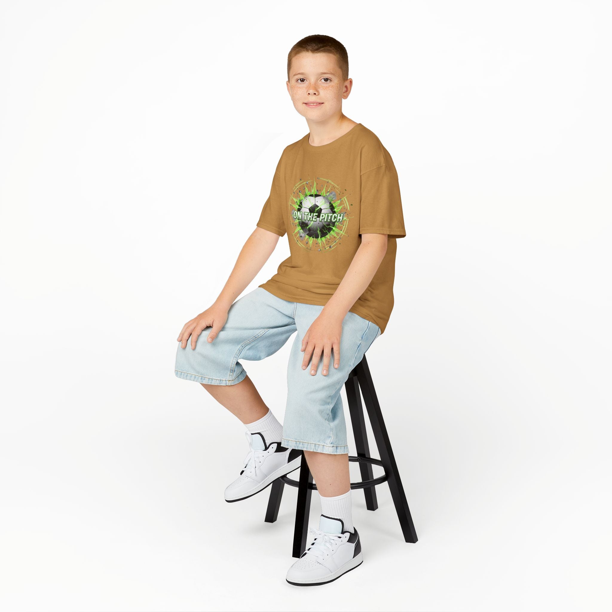 Kids Soccer T‑Shirt — 'On The Pitch' Green Splatter Design