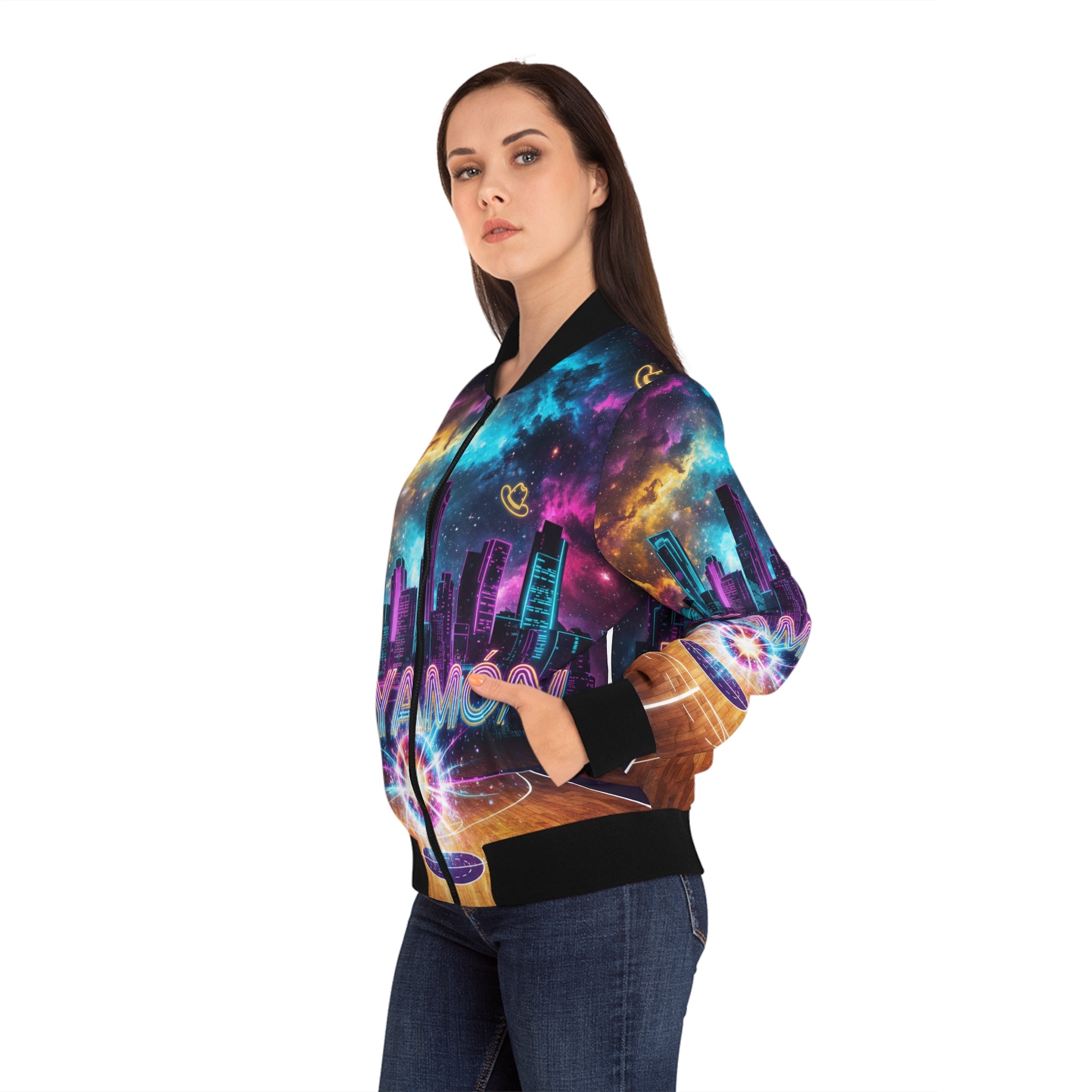 Bayamón: La Cancha Cósmica Bomber Jacket — Neon Basketball Court AOP