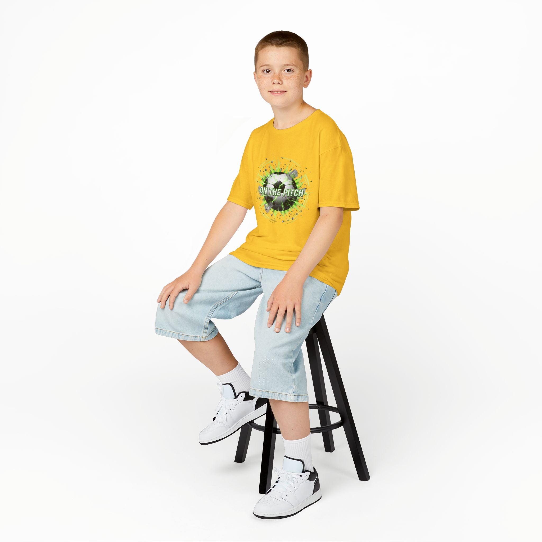 Kids Soccer T‑Shirt — 'On The Pitch' Green Splatter Design