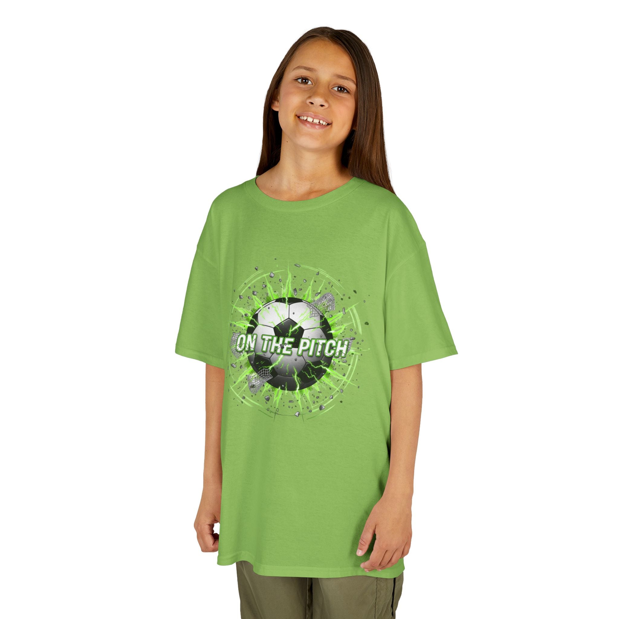 Kids Soccer T‑Shirt — 'On The Pitch' Green Splatter Design