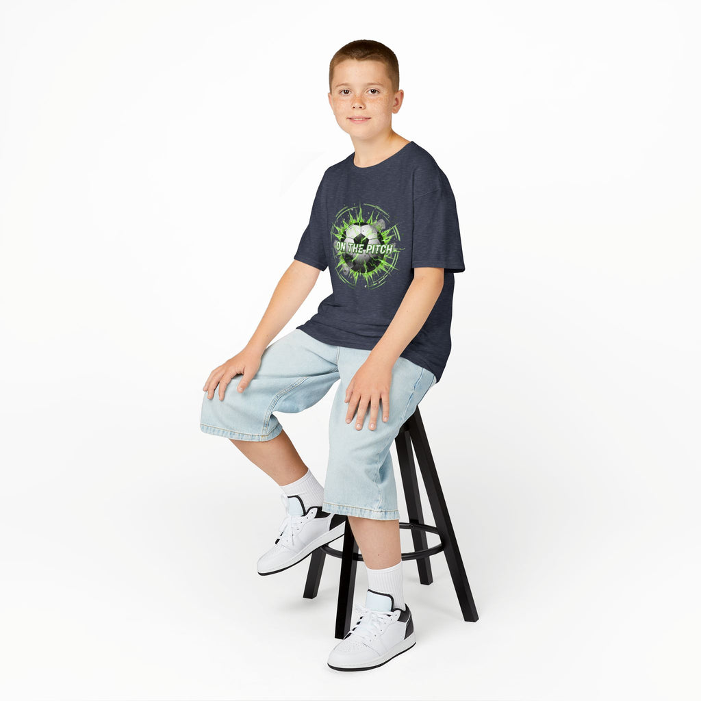 Kids Soccer T‑Shirt — 'On The Pitch' Green Splatter Design