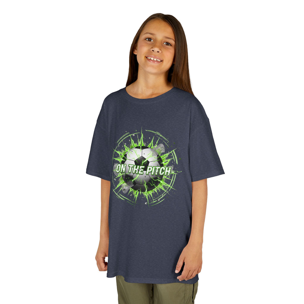 Kids Soccer T‑Shirt — 'On The Pitch' Green Splatter Design