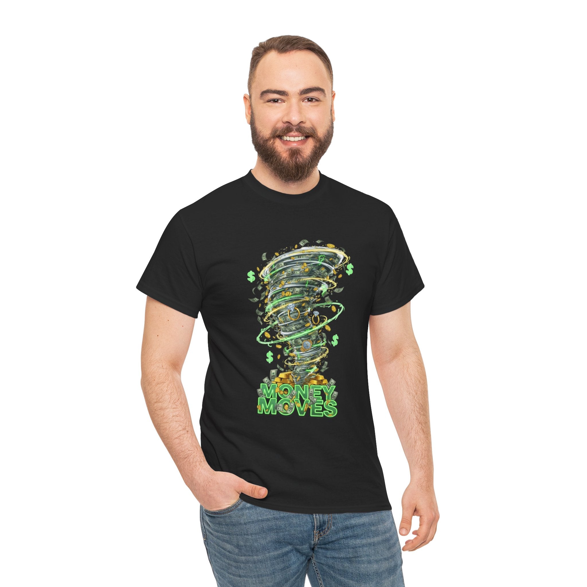 Money Moves Tee — Green Dollar Tornado Graphic T‑Shirt