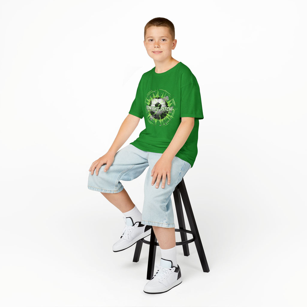 Kids Soccer T‑Shirt — 'On The Pitch' Green Splatter Design