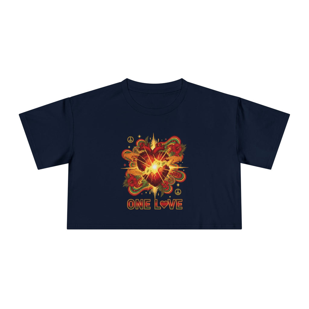 One Love Retro Heart Crop Tee — Women's Peace & Flower Power Graphic