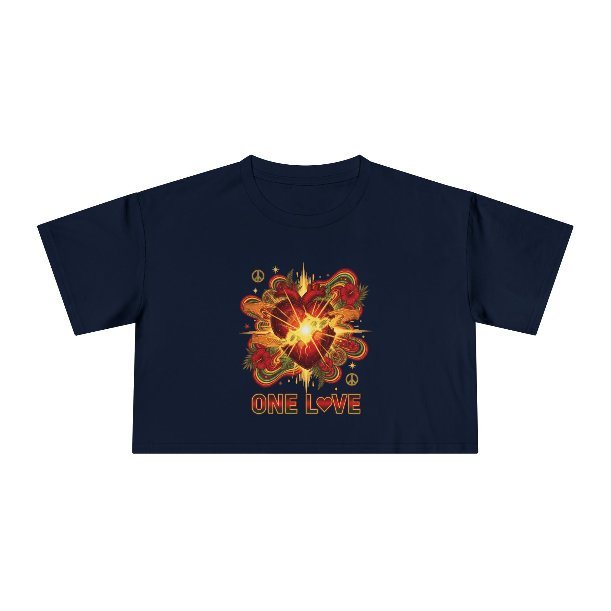 One Love Retro Heart Crop Tee — Women's Peace & Flower Power Graphic