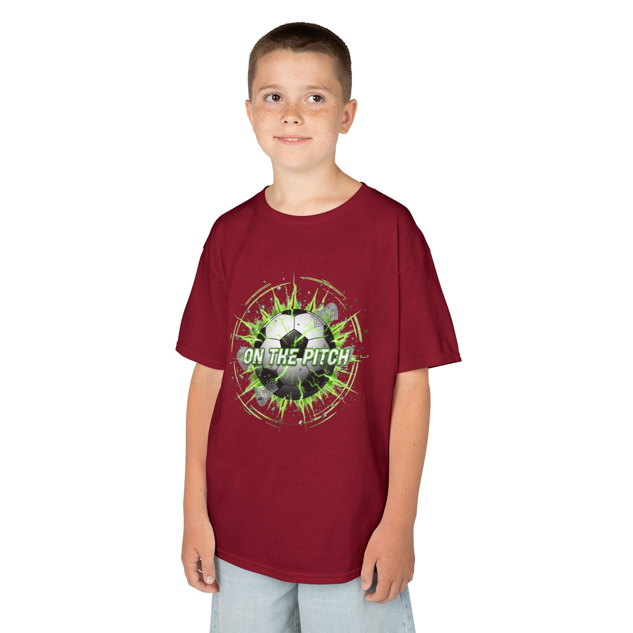 Kids Soccer T‑Shirt — 'On The Pitch' Green Splatter Design