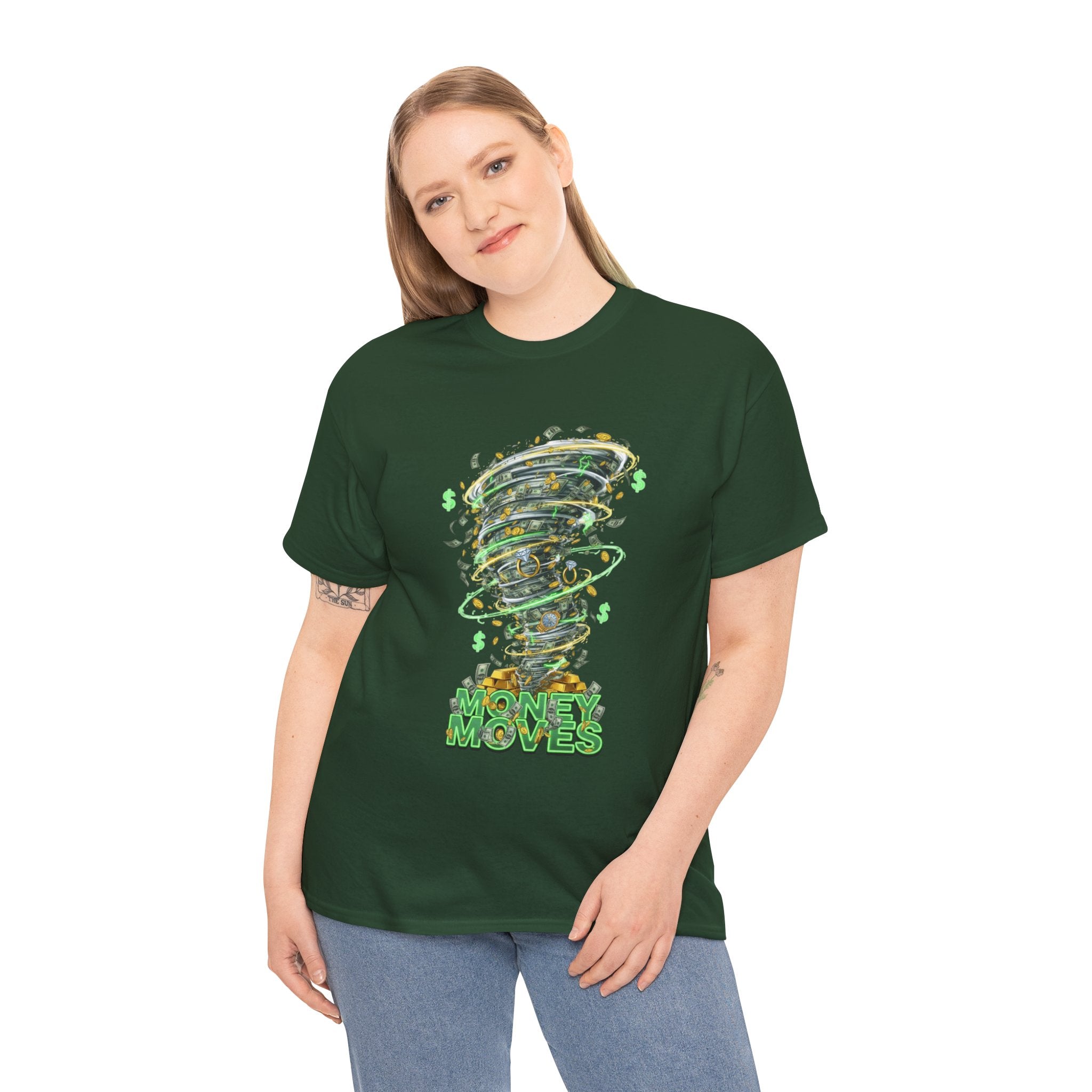 Money Moves Tee — Green Dollar Tornado Graphic T‑Shirt