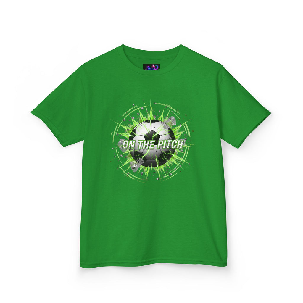 Kids Soccer T‑Shirt — 'On The Pitch' Green Splatter Design