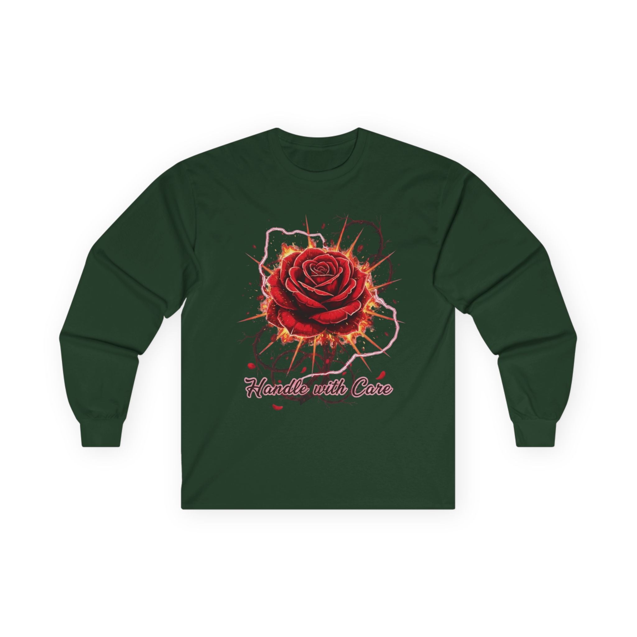 Long Sleeve Tee — Red Rose "Handle With Care" Graphic