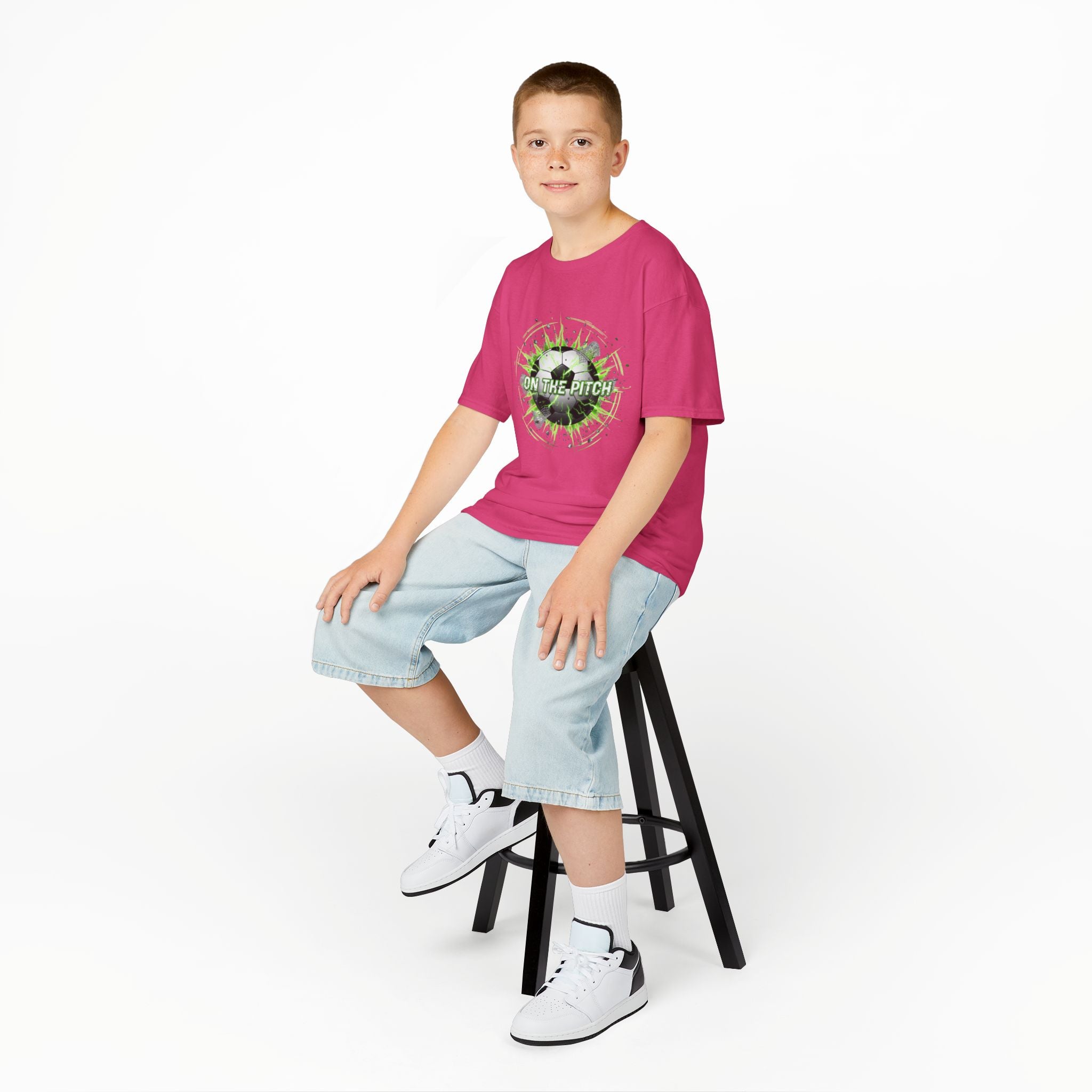 Kids Soccer T‑Shirt — 'On The Pitch' Green Splatter Design
