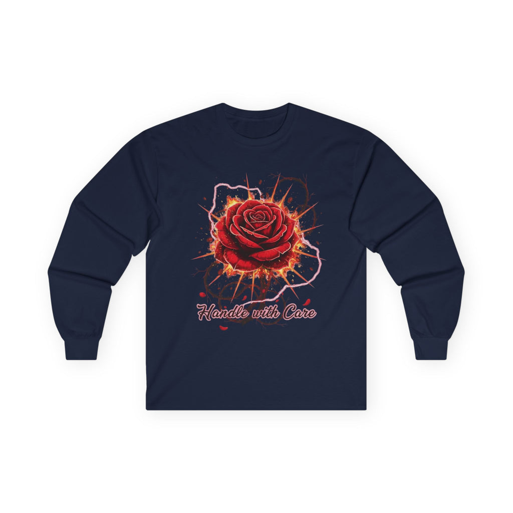Long Sleeve Tee — Red Rose "Handle With Care" Graphic