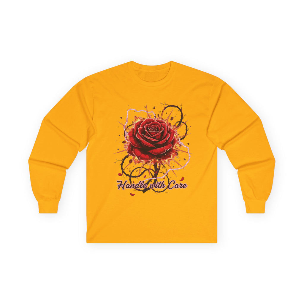 Long Sleeve Tee — Red Rose "Handle With Care" Graphic