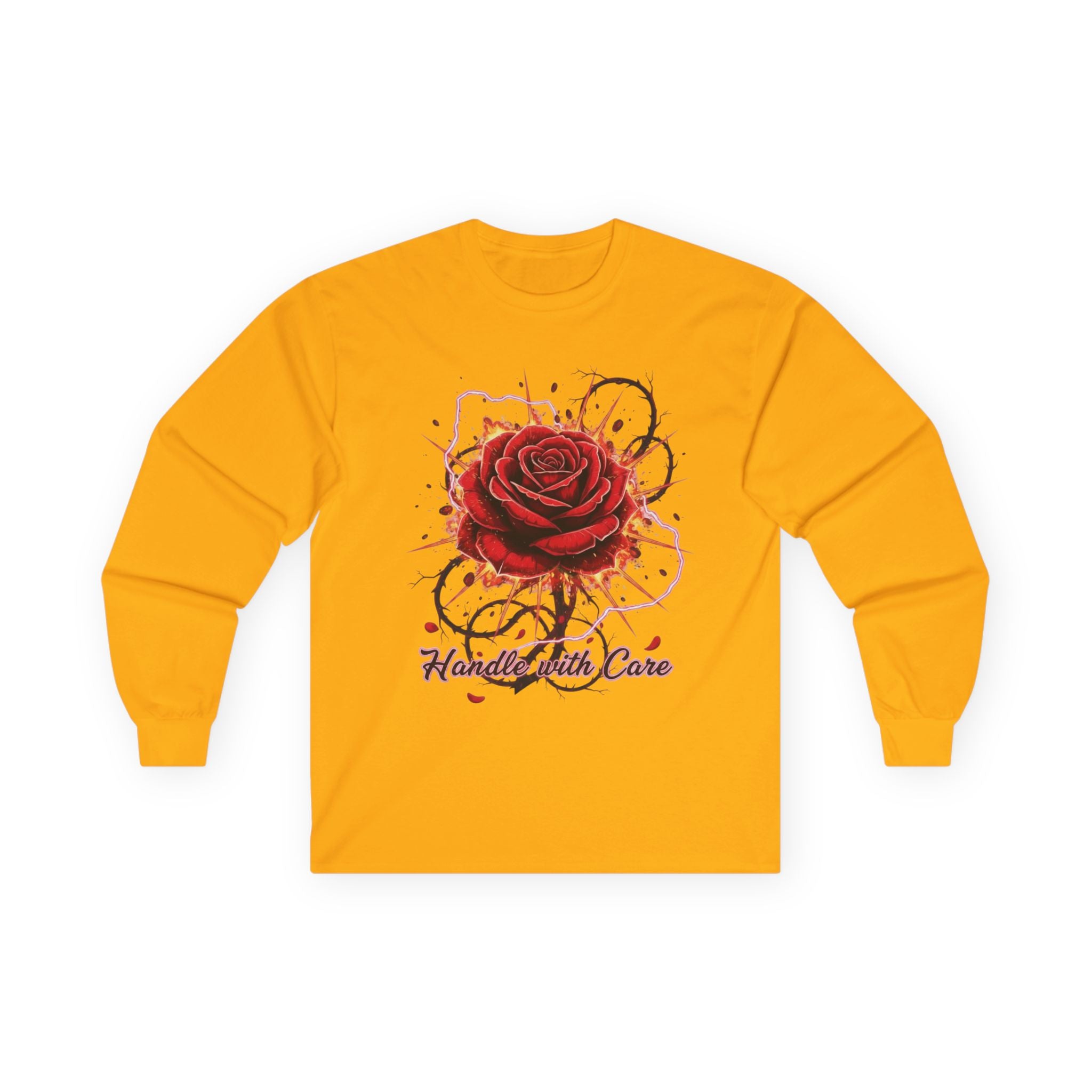 Long Sleeve Tee — Red Rose "Handle With Care" Graphic