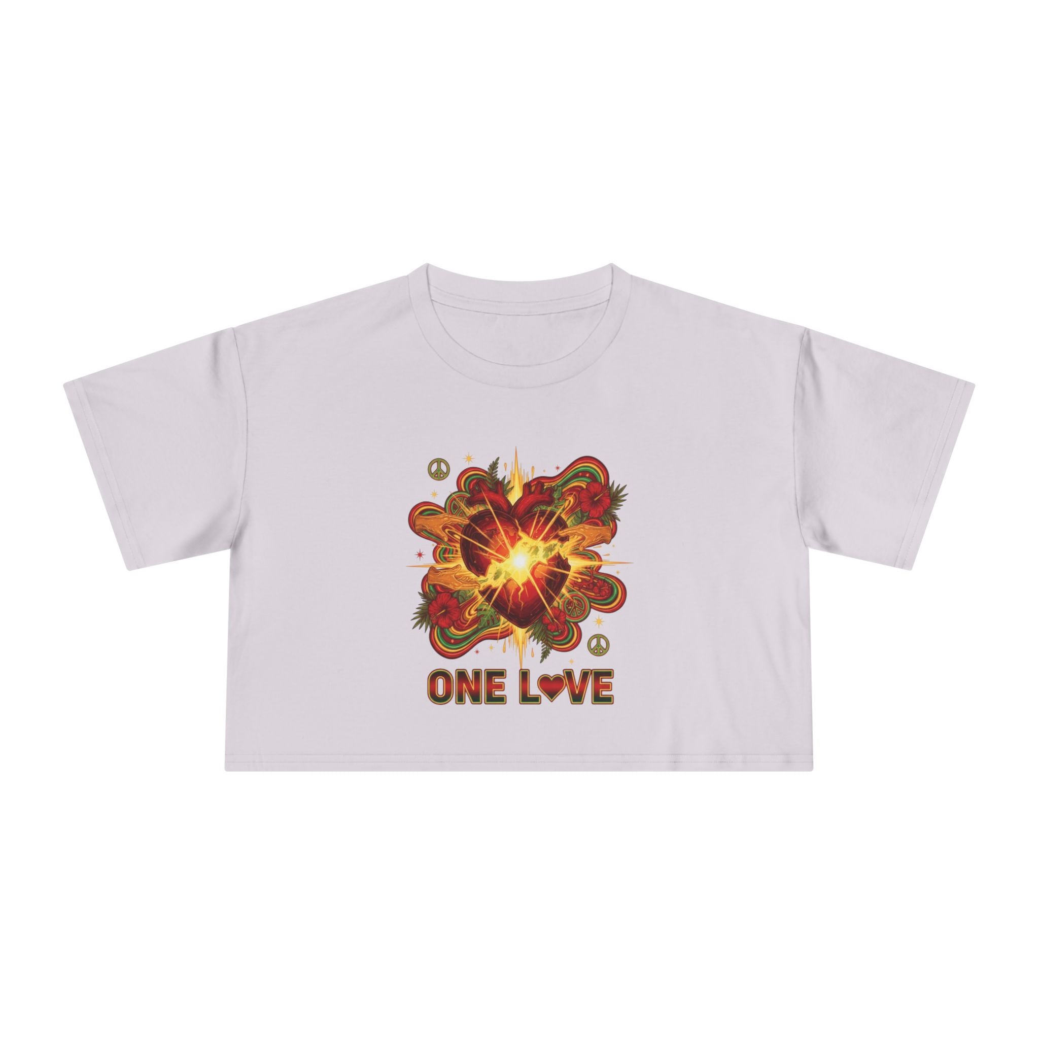 One Love Retro Heart Crop Tee — Women's Peace & Flower Power Graphic