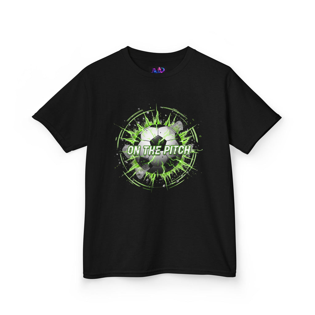 Kids Soccer T‑Shirt — 'On The Pitch' Green Splatter Design