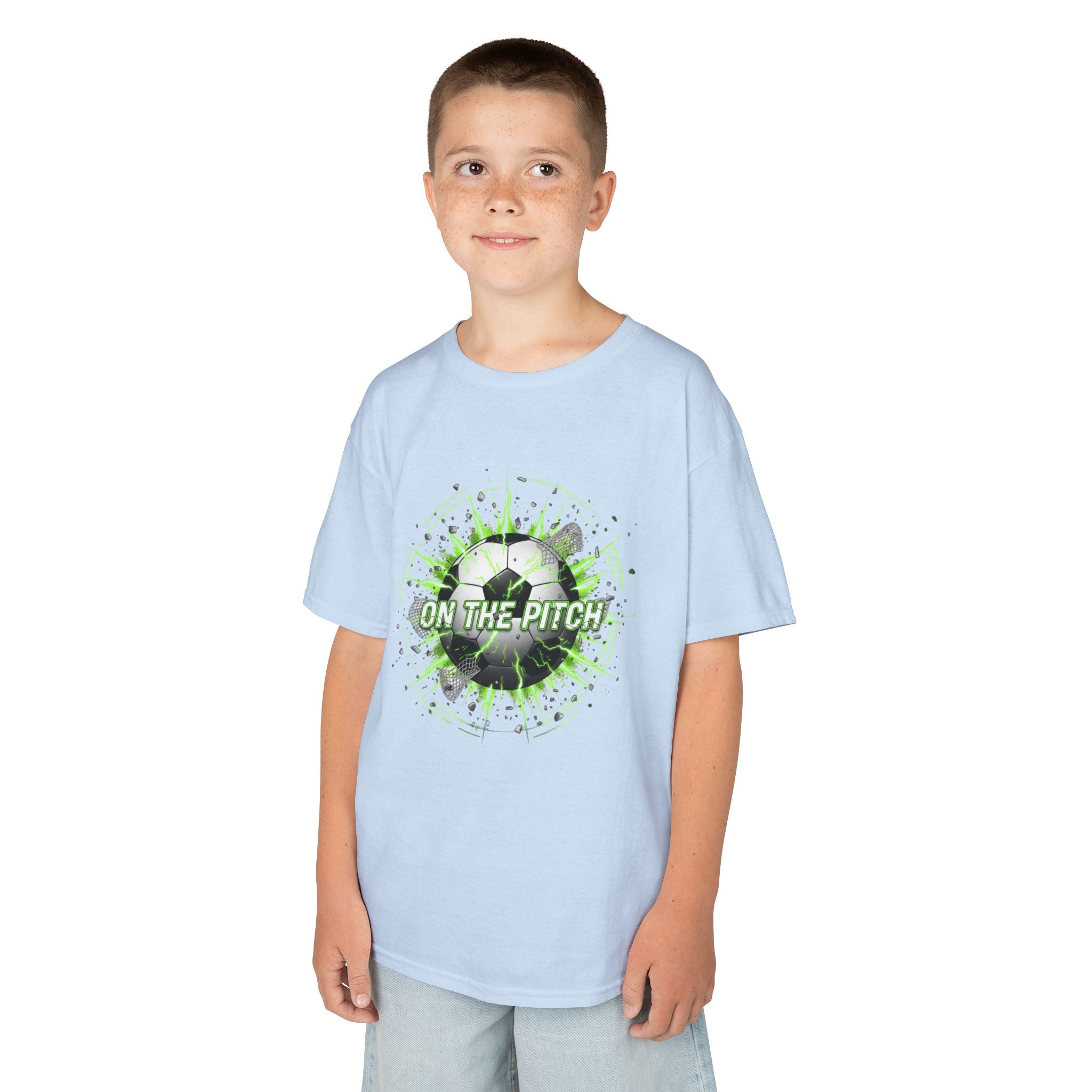 Kids Soccer T‑Shirt — 'On The Pitch' Green Splatter Design