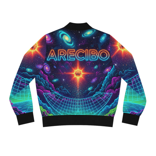 Arecibo: La Cancha y el Cosmos Bomber Jacket — Neon Retro Galaxy Print