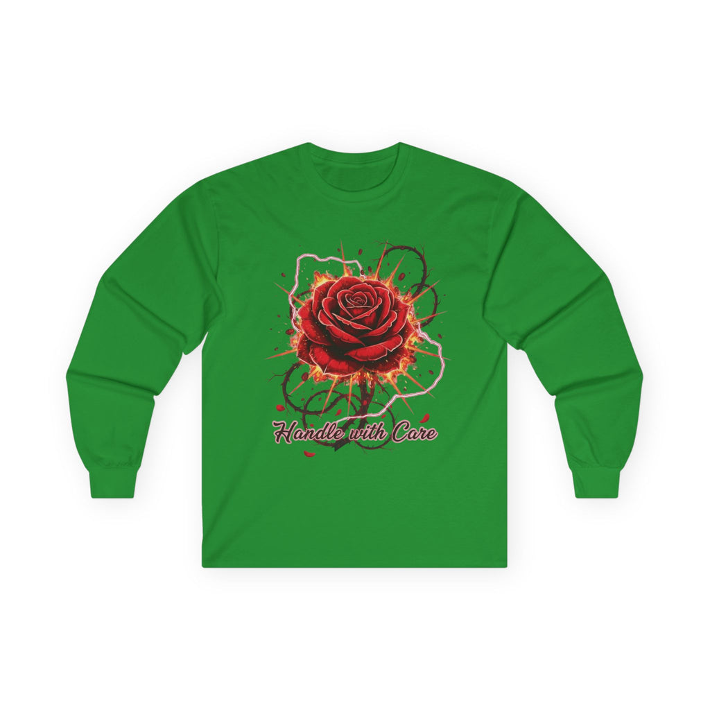 Long Sleeve Tee — Red Rose "Handle With Care" Graphic