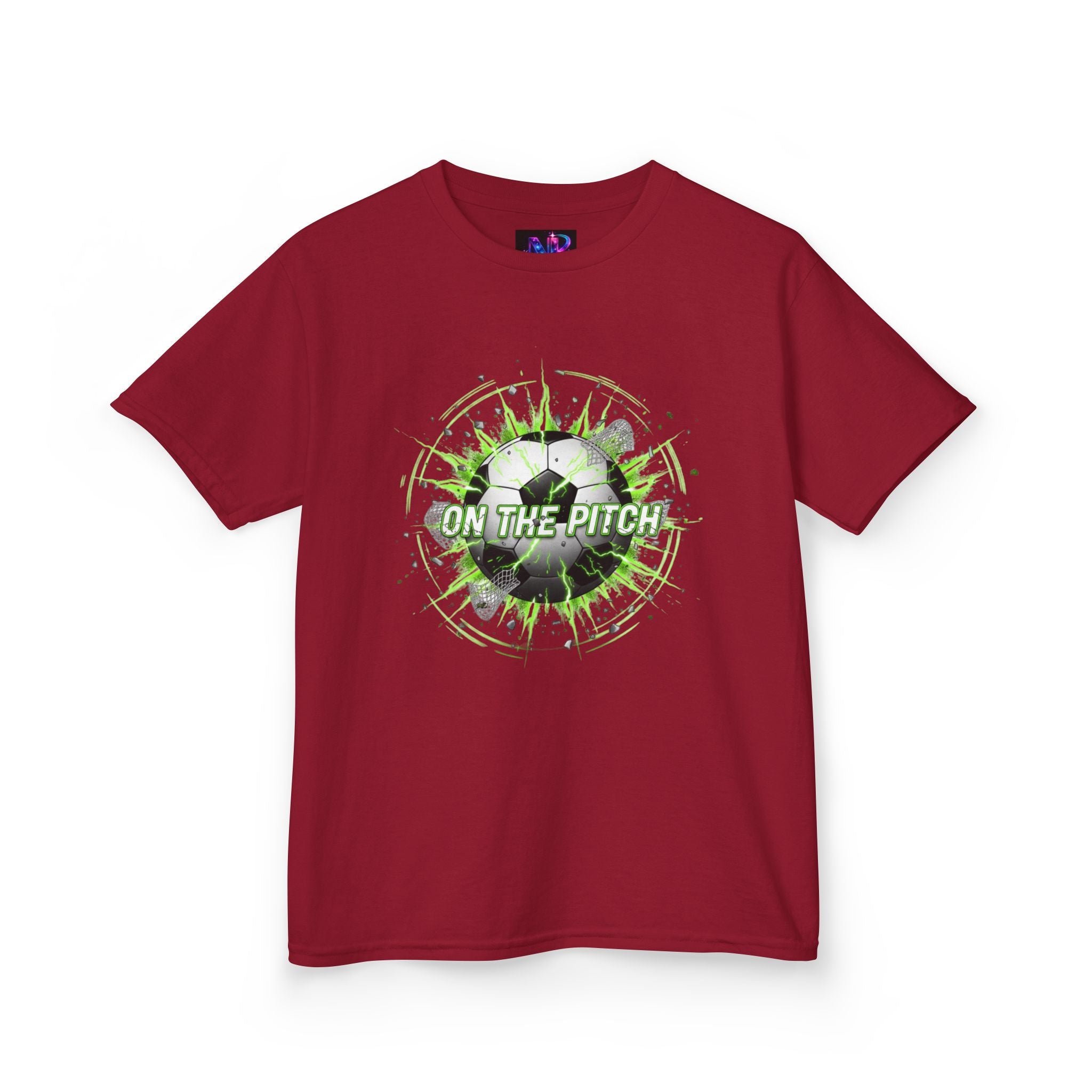 Kids Soccer T‑Shirt — 'On The Pitch' Green Splatter Design