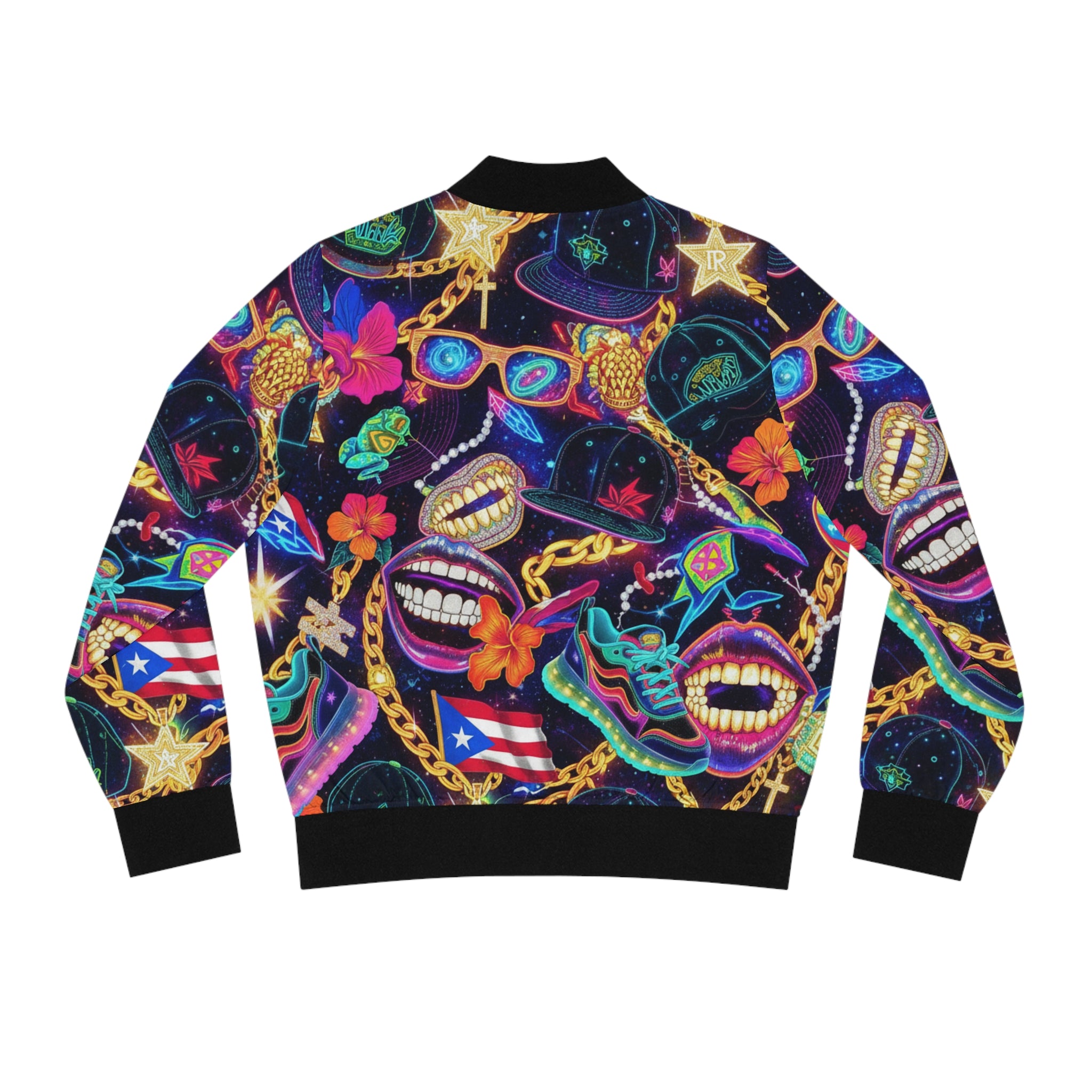 La Cultura: El Estilo Bomber Jacket — Puerto Rican Mask & Chain All-Over Print