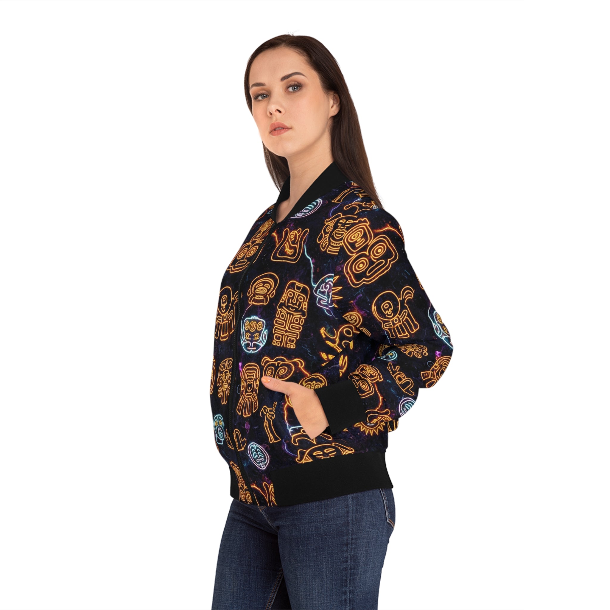 Los Petroglifos Bomber Jacket — Neon Tribal Icons