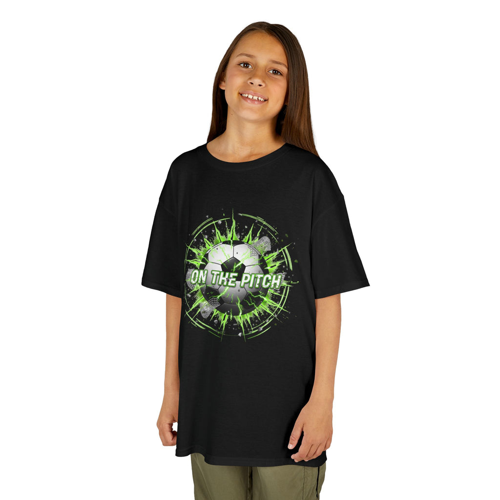 Kids Soccer T‑Shirt — 'On The Pitch' Green Splatter Design