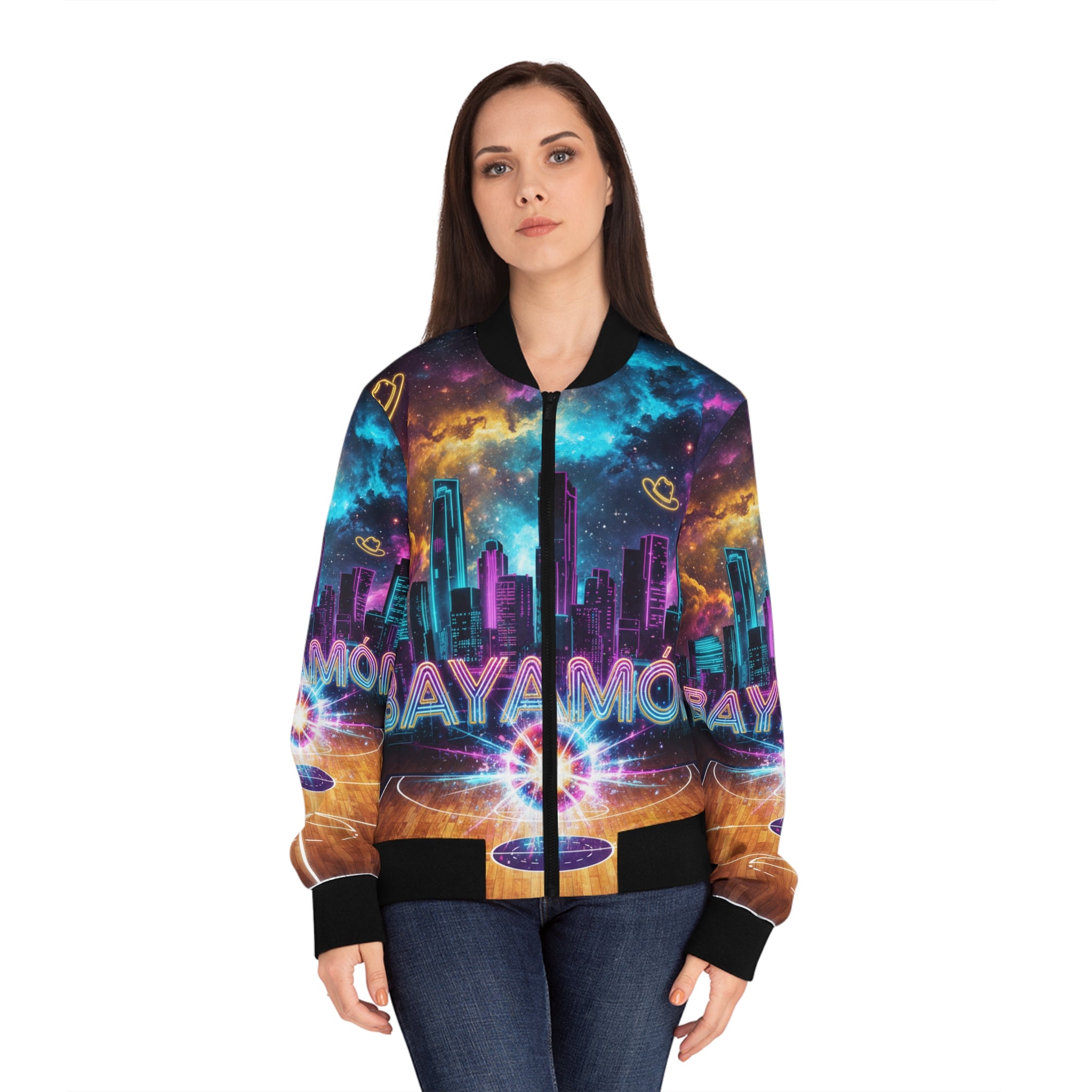 Bayamón: La Cancha Cósmica Bomber Jacket — Neon Basketball Court AOP