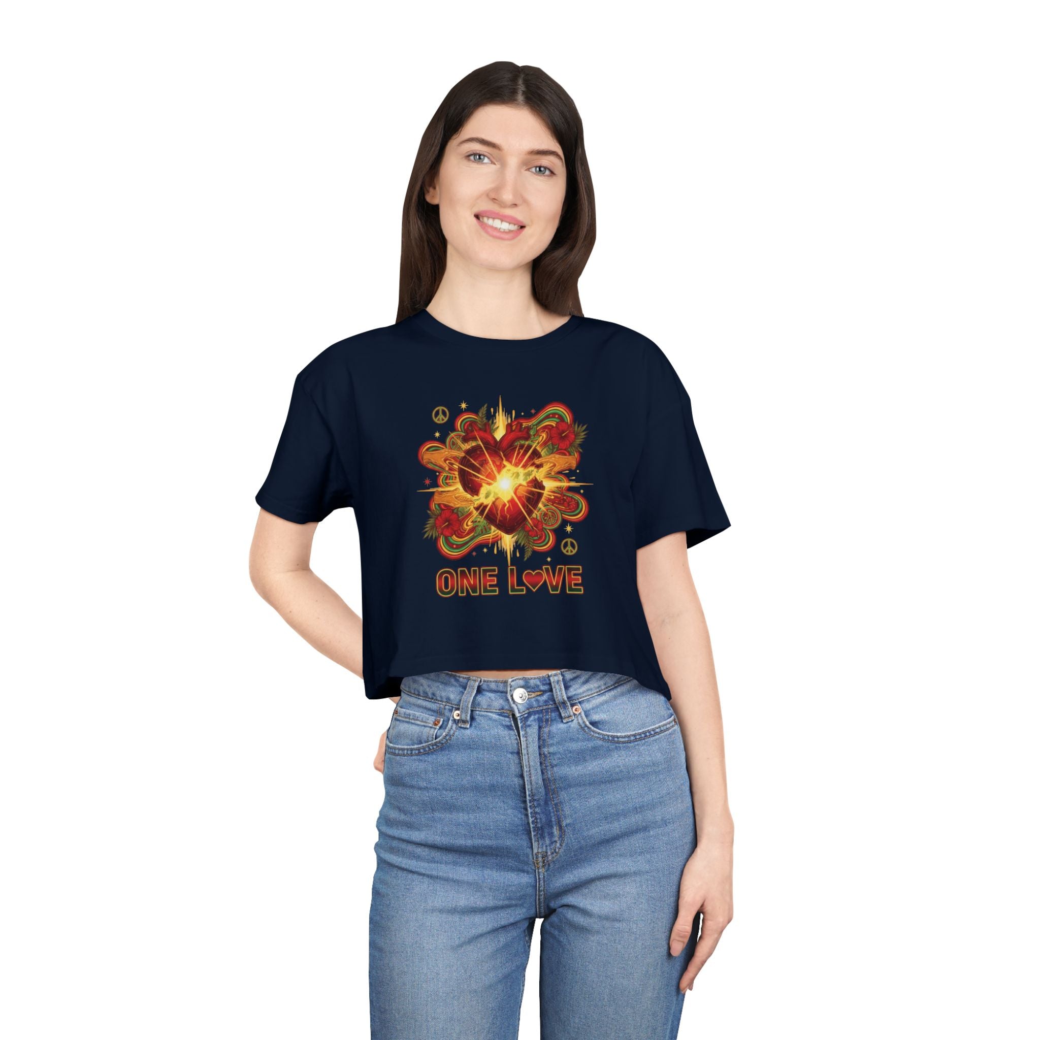 One Love Retro Heart Crop Tee — Women's Peace & Flower Power Graphic