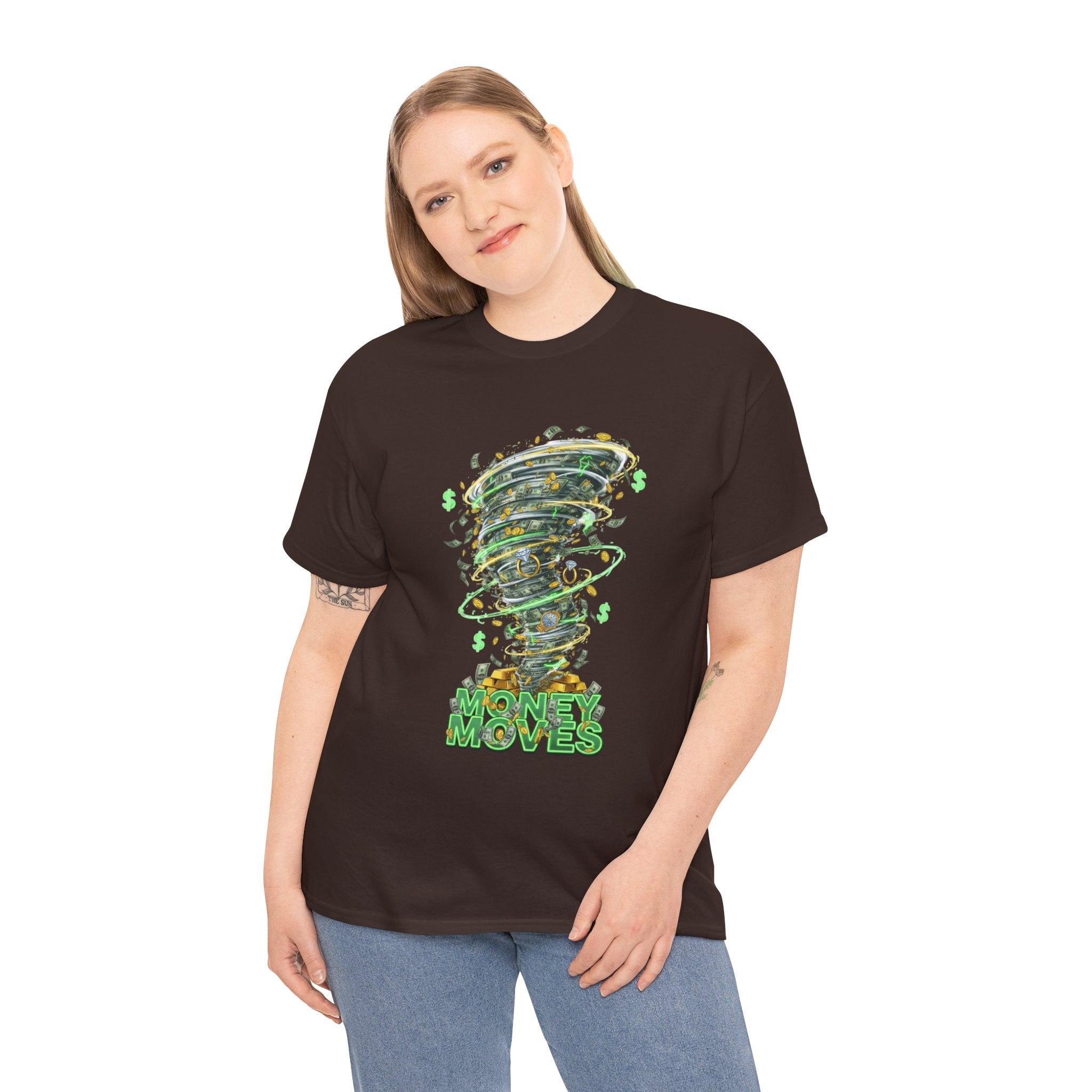 Money Moves Tee — Green Dollar Tornado Graphic T‑Shirt