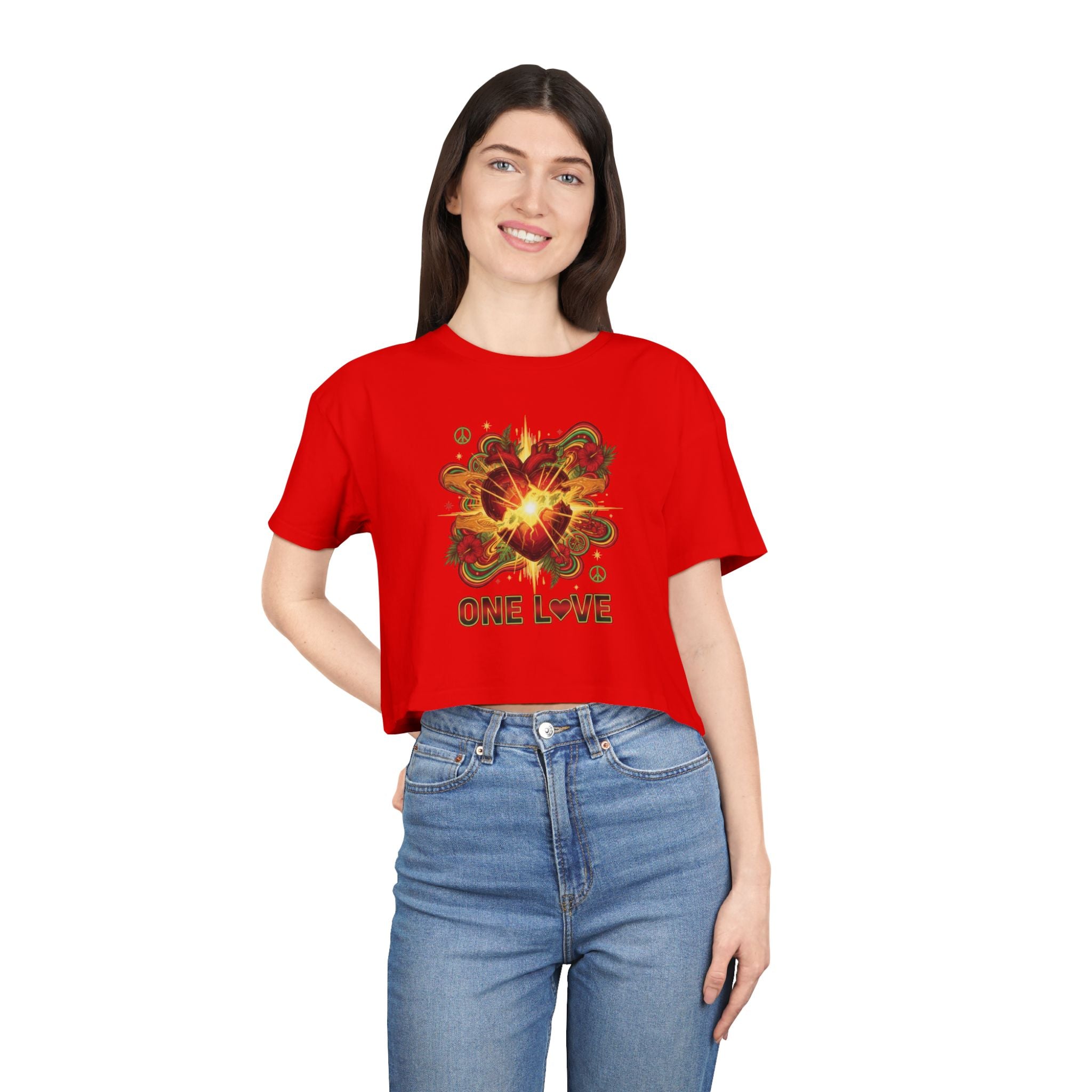 One Love Retro Heart Crop Tee — Women's Peace & Flower Power Graphic
