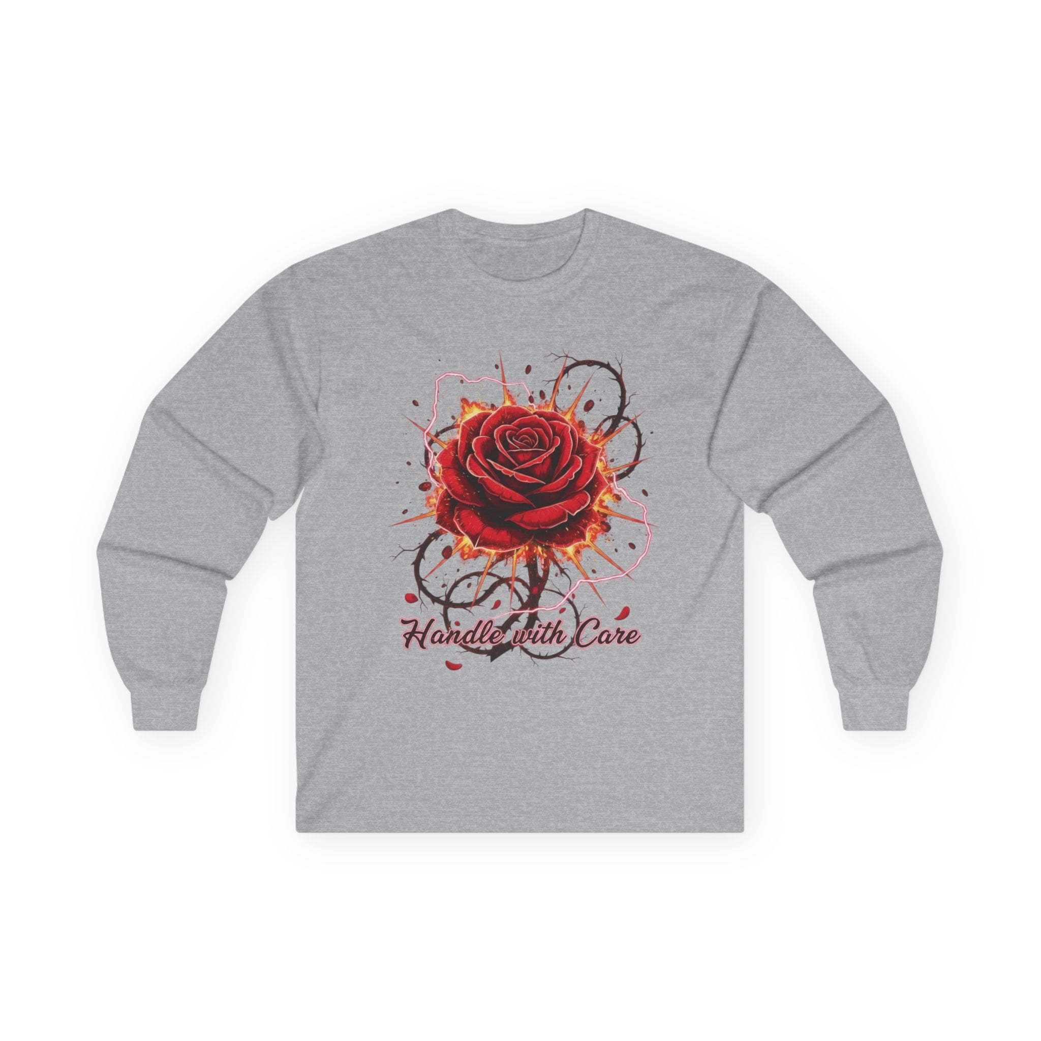 Long Sleeve Tee — Red Rose "Handle With Care" Graphic