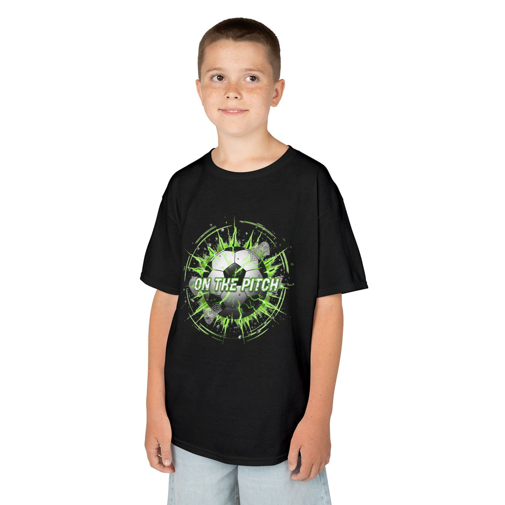 Kids Soccer T‑Shirt — 'On The Pitch' Green Splatter Design