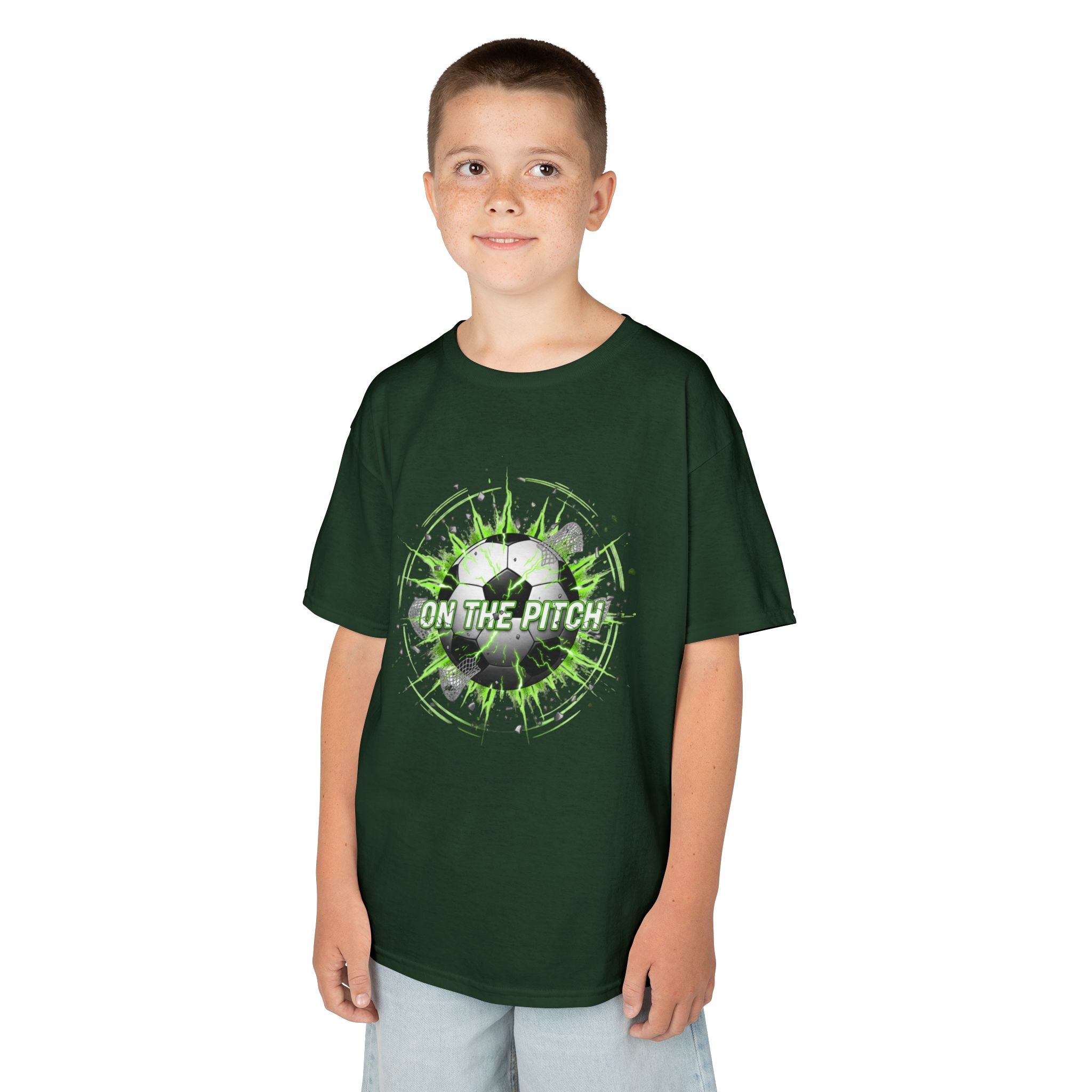 Kids Soccer T‑Shirt — 'On The Pitch' Green Splatter Design