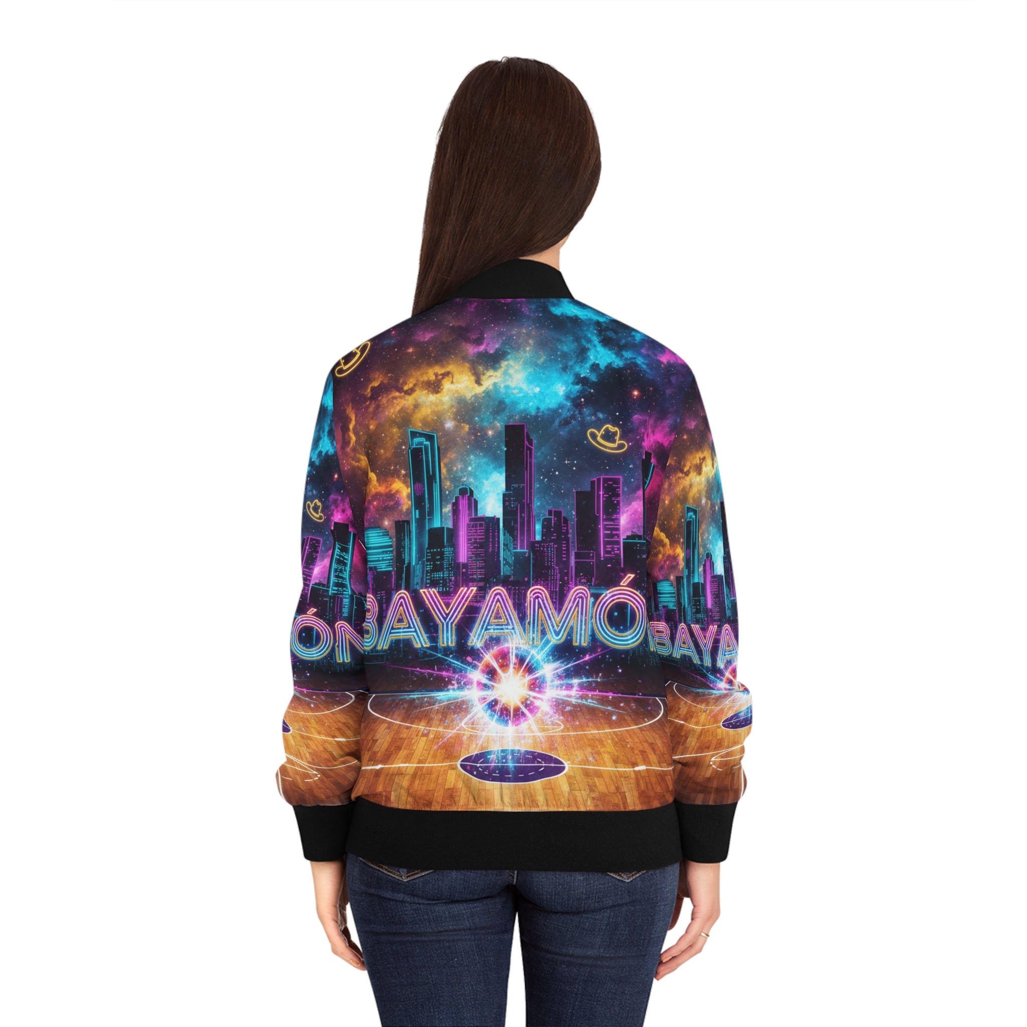 Bayamón: La Cancha Cósmica Bomber Jacket — Neon Basketball Court AOP