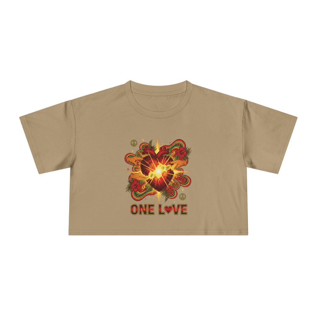 One Love Retro Heart Crop Tee — Women's Peace & Flower Power Graphic