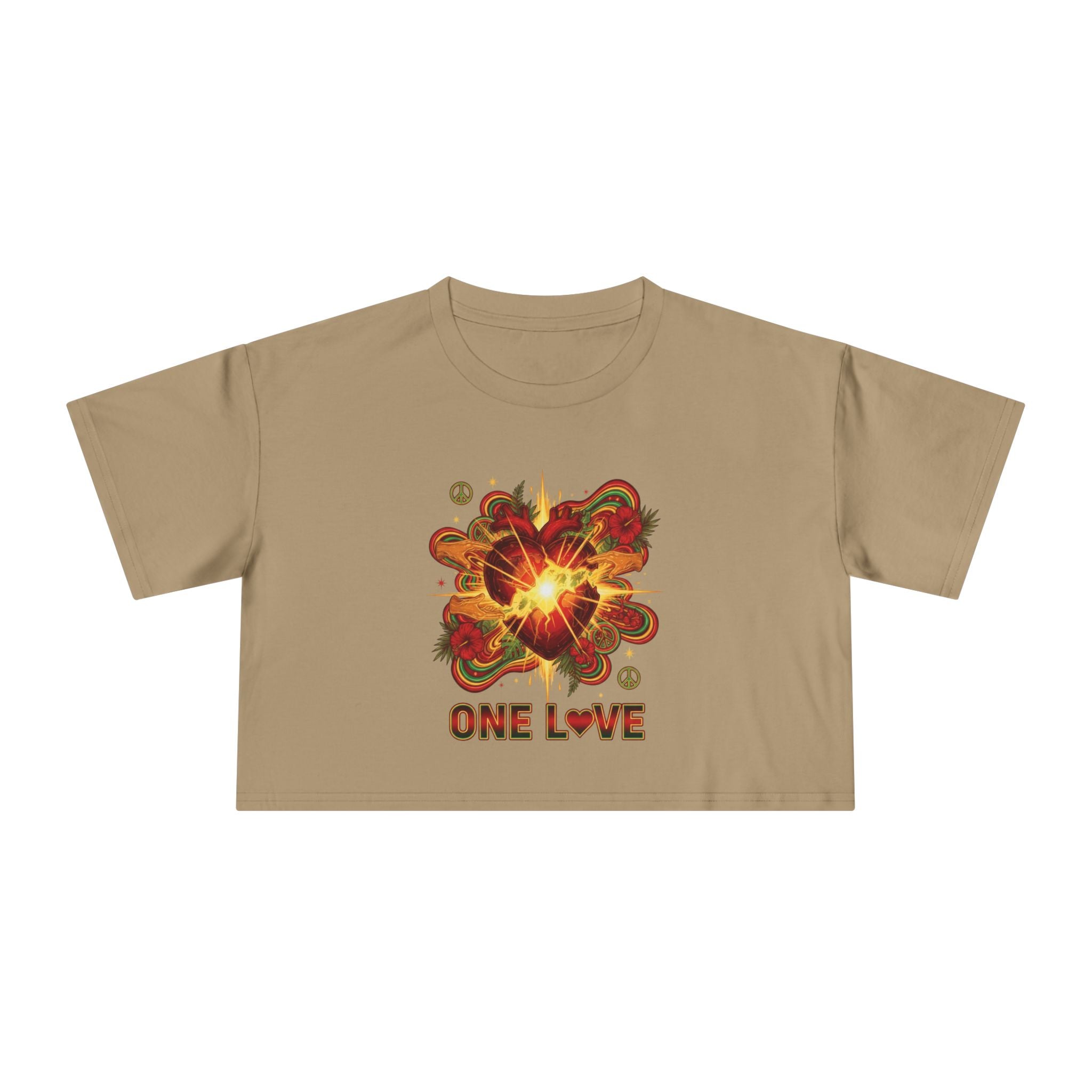 One Love Retro Heart Crop Tee — Women's Peace & Flower Power Graphic