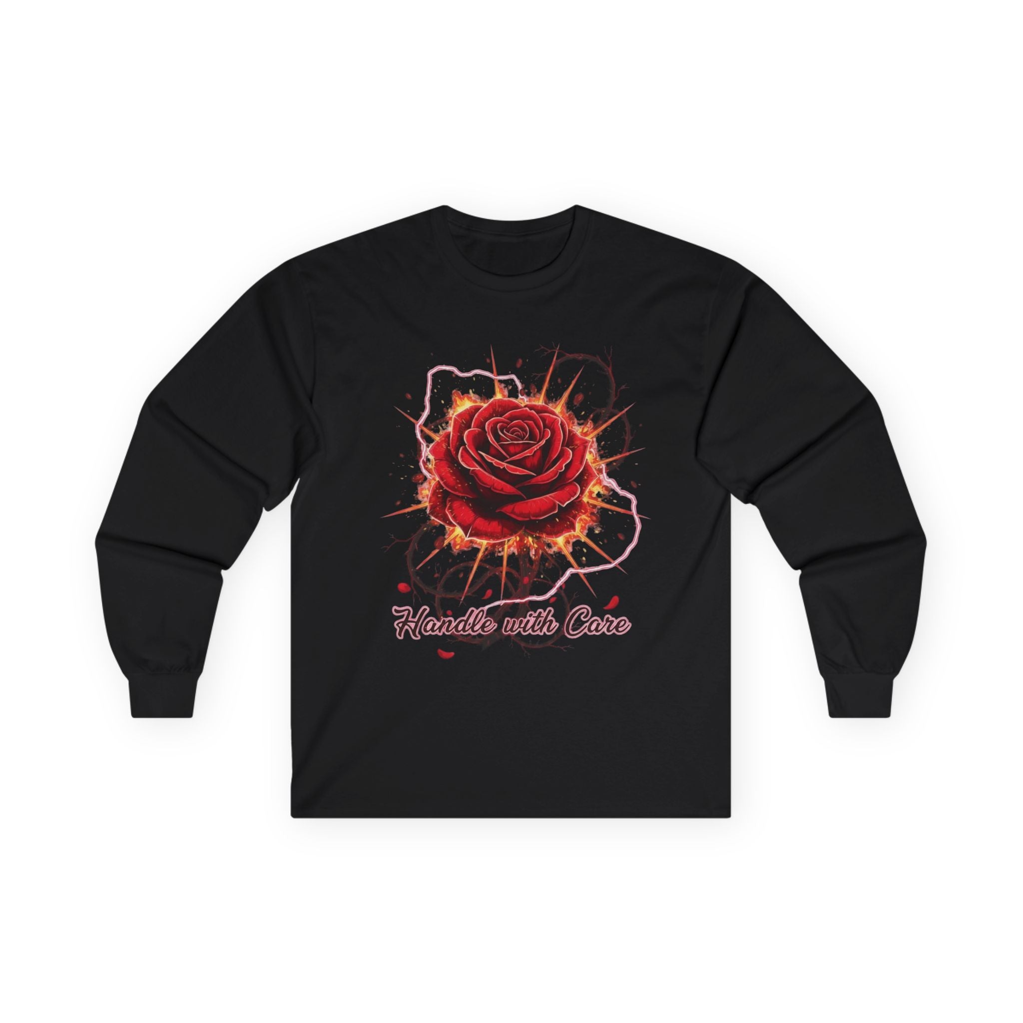 Long Sleeve Tee — Red Rose "Handle With Care" Graphic