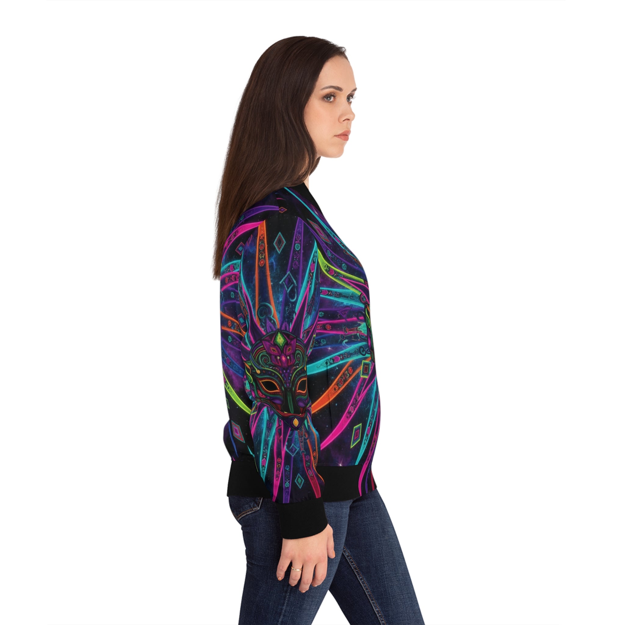 The Vejigante Explosion Bomber Jacket — Women's Vibrant Tribal Outerwear