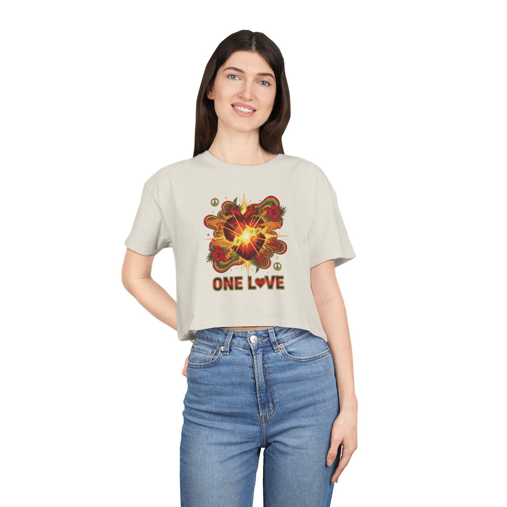 One Love Retro Heart Crop Tee — Women's Peace & Flower Power Graphic