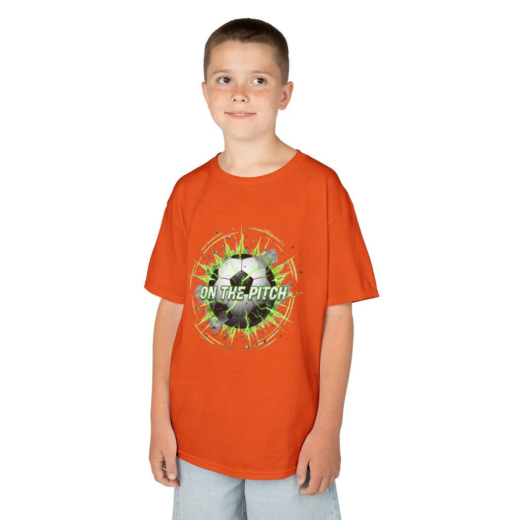 Kids Soccer T‑Shirt — 'On The Pitch' Green Splatter Design