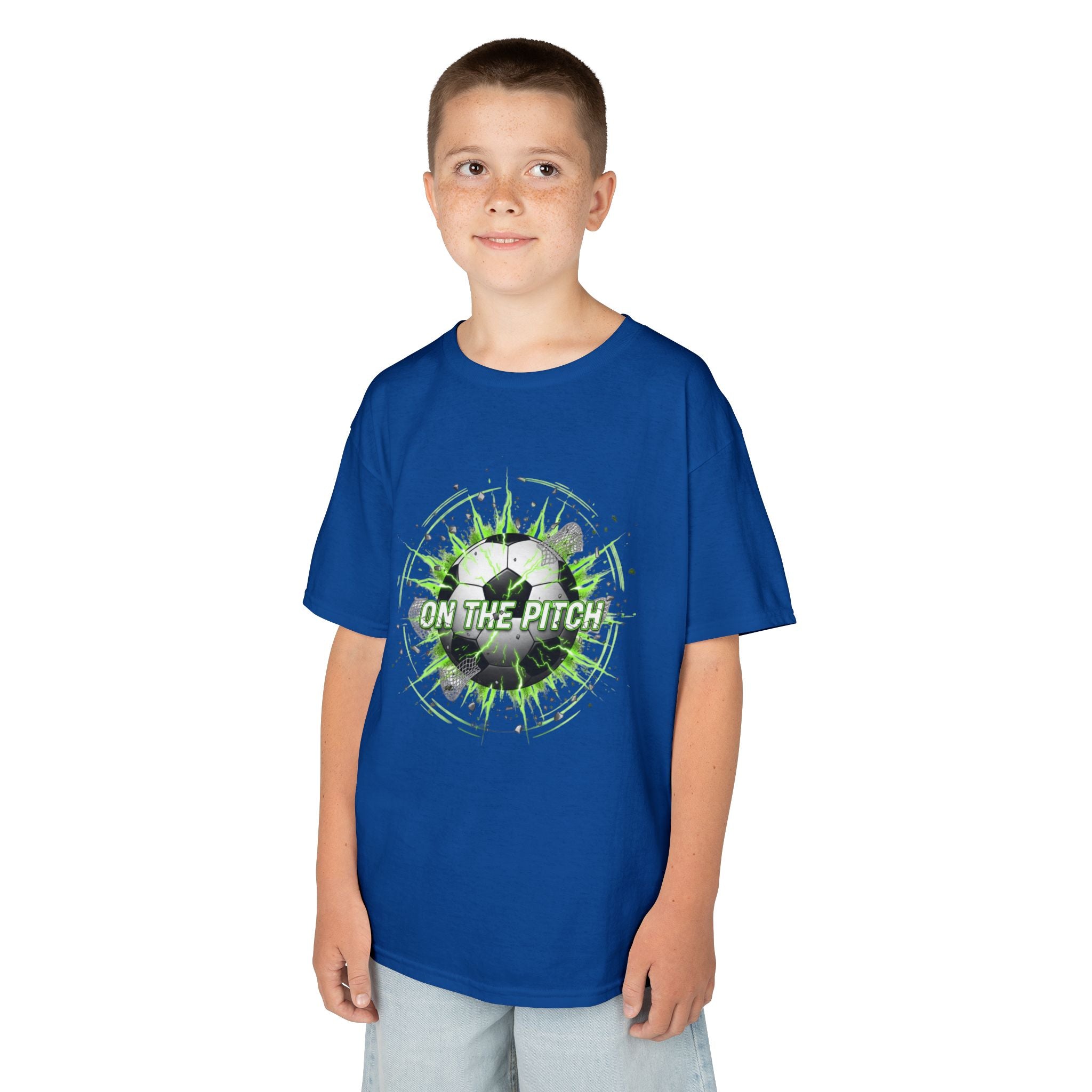 Kids Soccer T‑Shirt — 'On The Pitch' Green Splatter Design