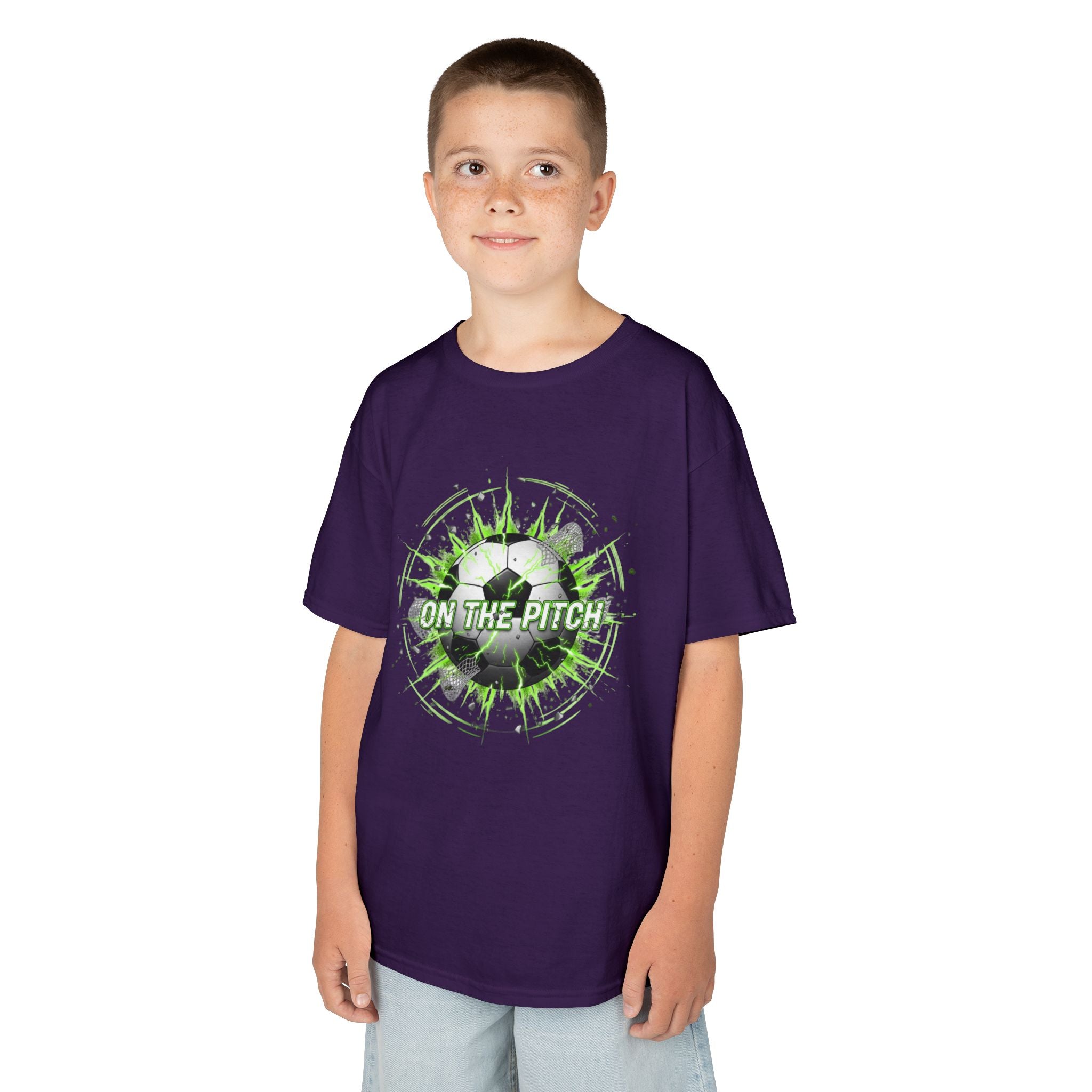 Kids Soccer T‑Shirt — 'On The Pitch' Green Splatter Design