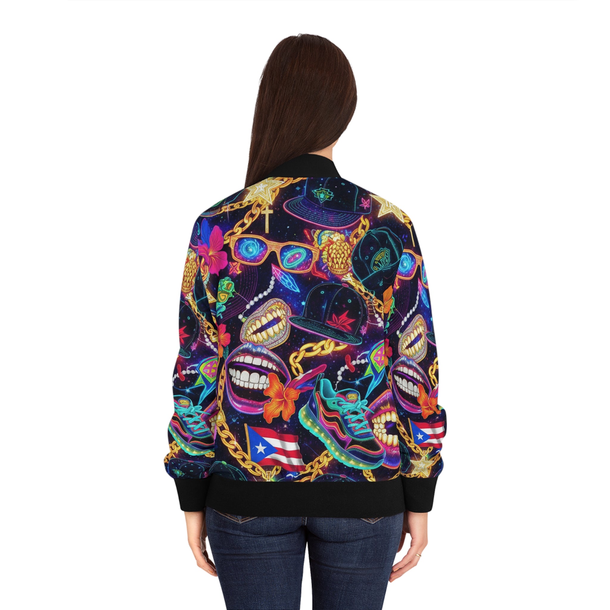 La Cultura: El Estilo Bomber Jacket — Puerto Rican Mask & Chain All-Over Print