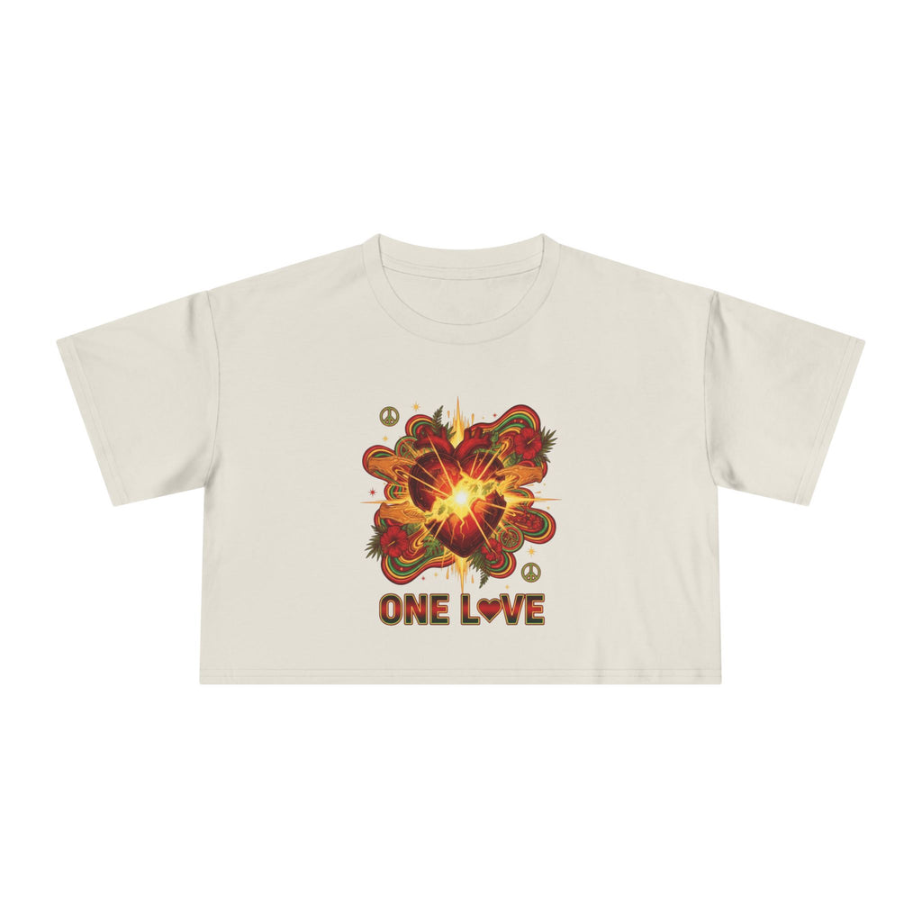 One Love Retro Heart Crop Tee — Women's Peace & Flower Power Graphic