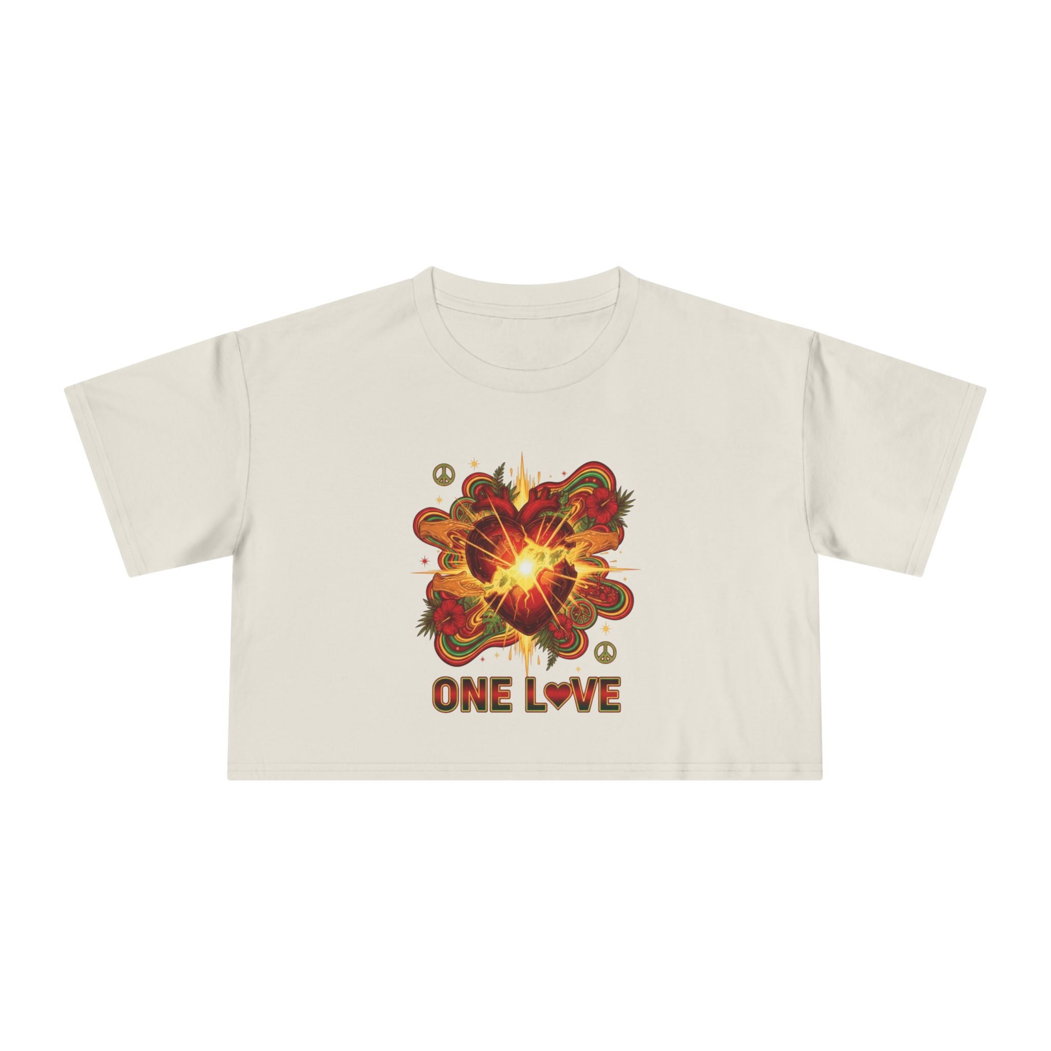 One Love Retro Heart Crop Tee — Women's Peace & Flower Power Graphic